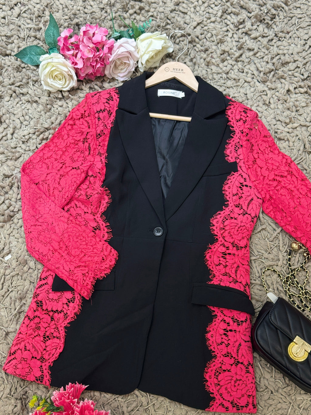 Q56721 Black Designer Co-ord Set with Pink Floral Lace Detailing