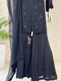 Q562440 Luxury Black Heavy Handwork Pure Chinon Kurta Palazzo Set with Dupatta