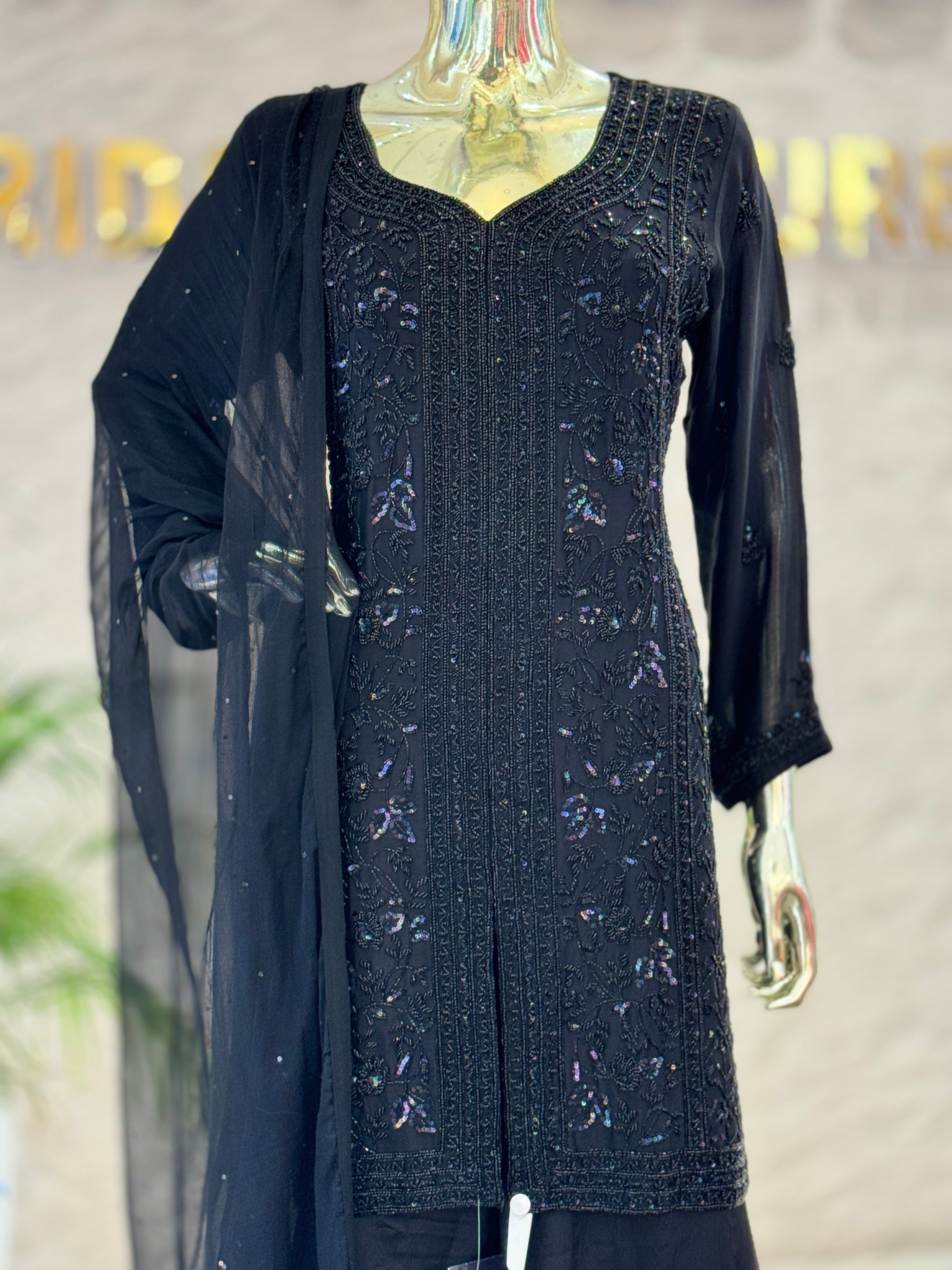 Q562440 Luxury Black Heavy Handwork Pure Chinon Kurta Palazzo Set with Dupatta