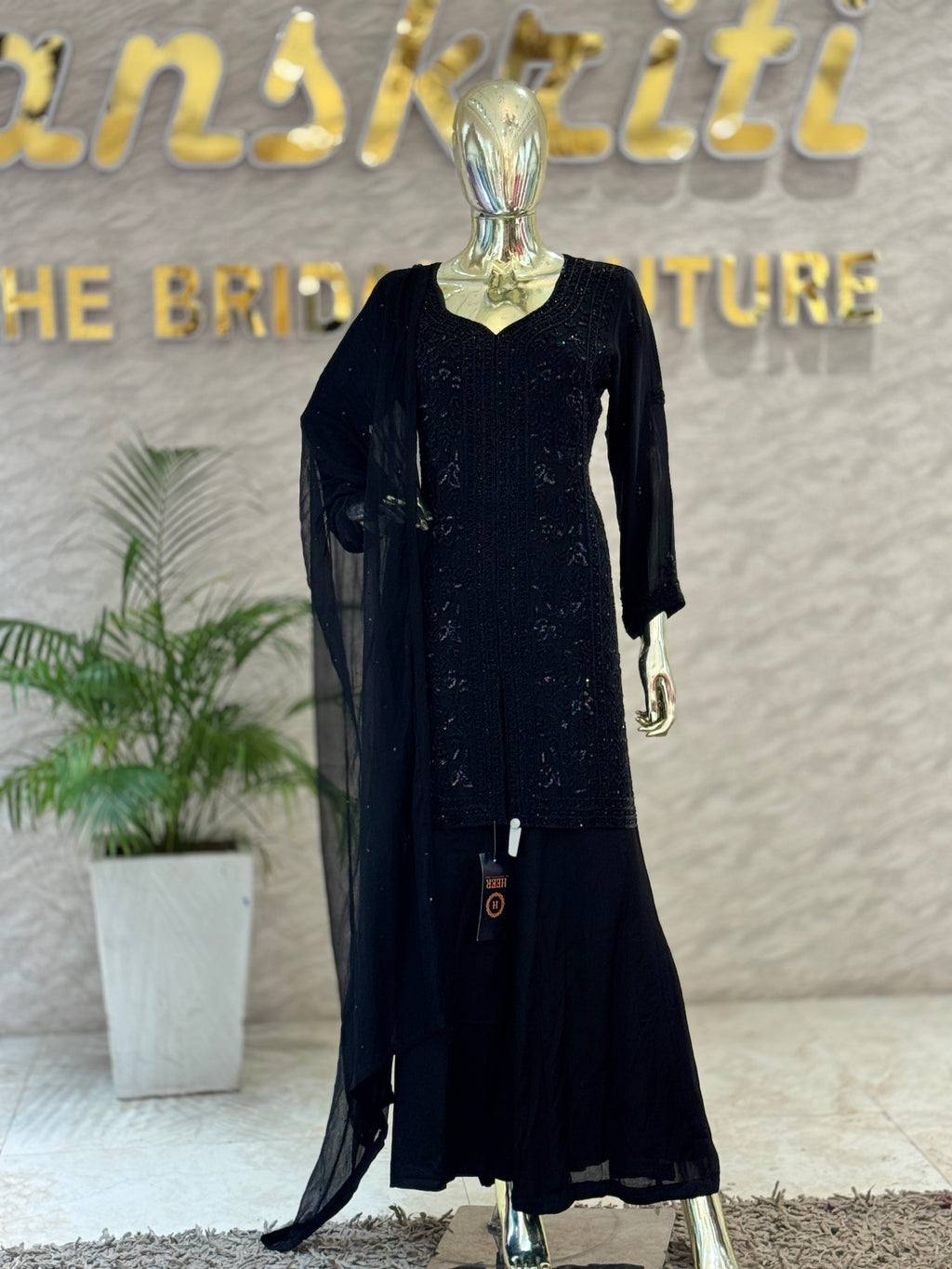 Q562440 Luxury Black Heavy Handwork Pure Chinon Kurta Palazzo Set with Dupatta