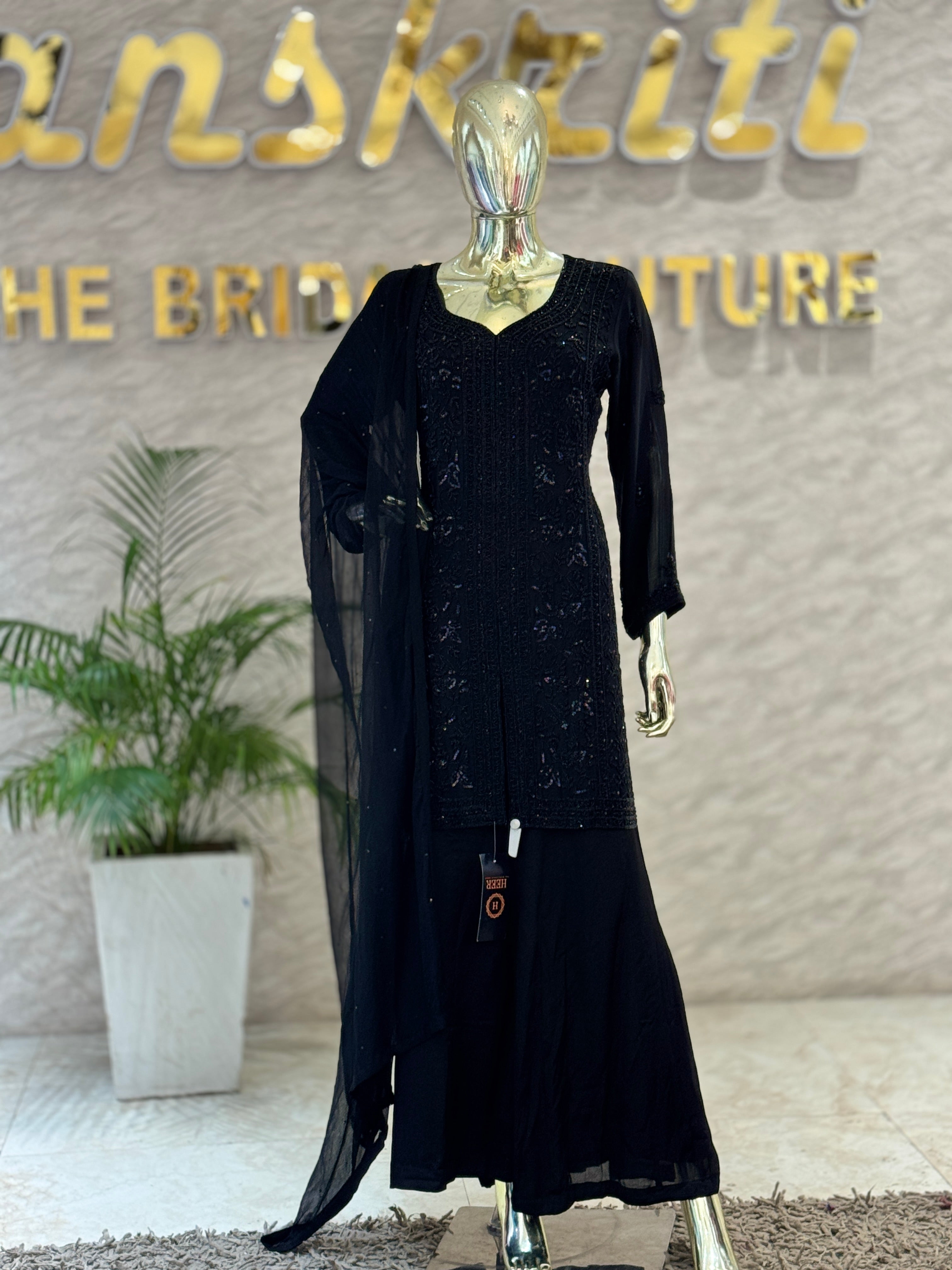 Q562440 Luxury Black Heavy Handwork Pure Chinon Kurta Palazzo Set with Dupatta