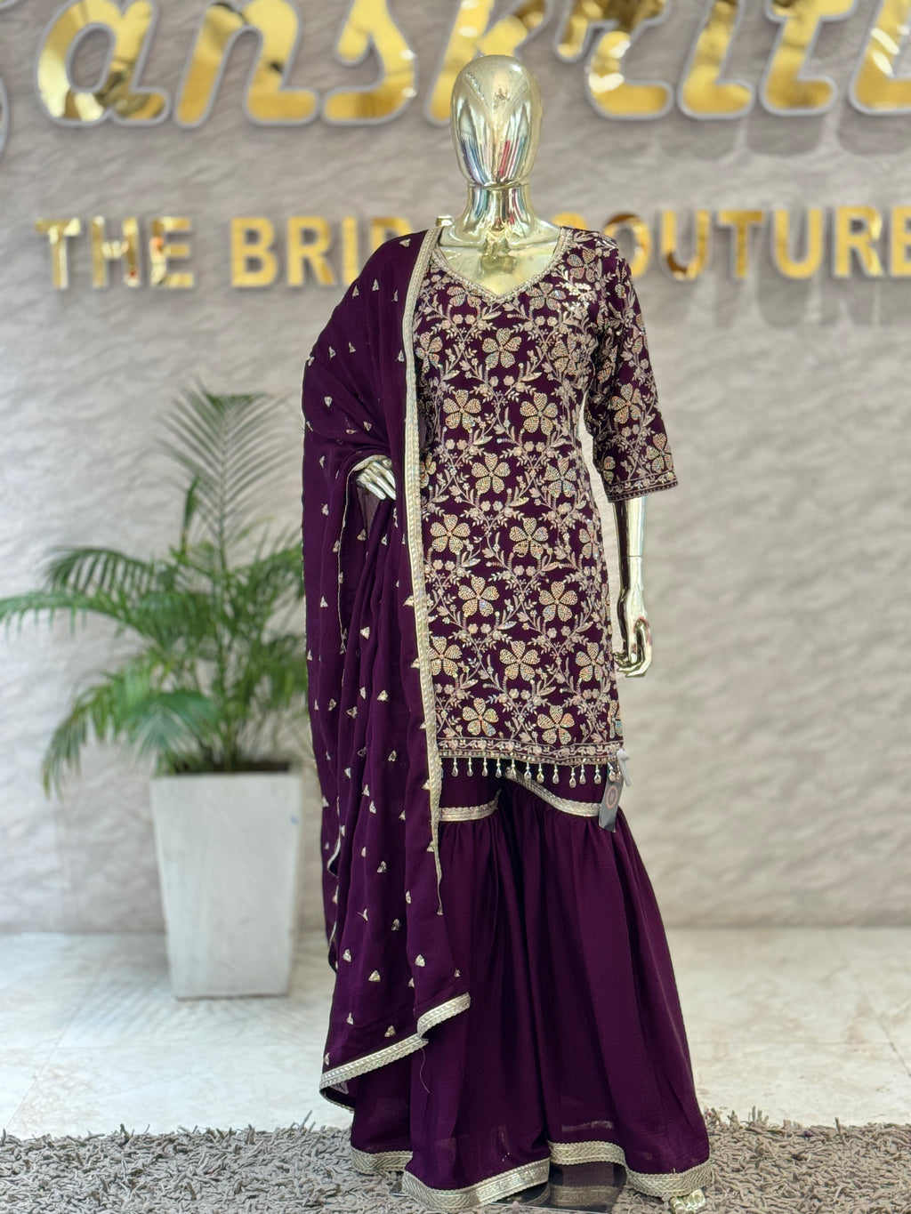Q562249 Royal Wine Heavy Embroidered Kurta Sharara Set with Dupatta