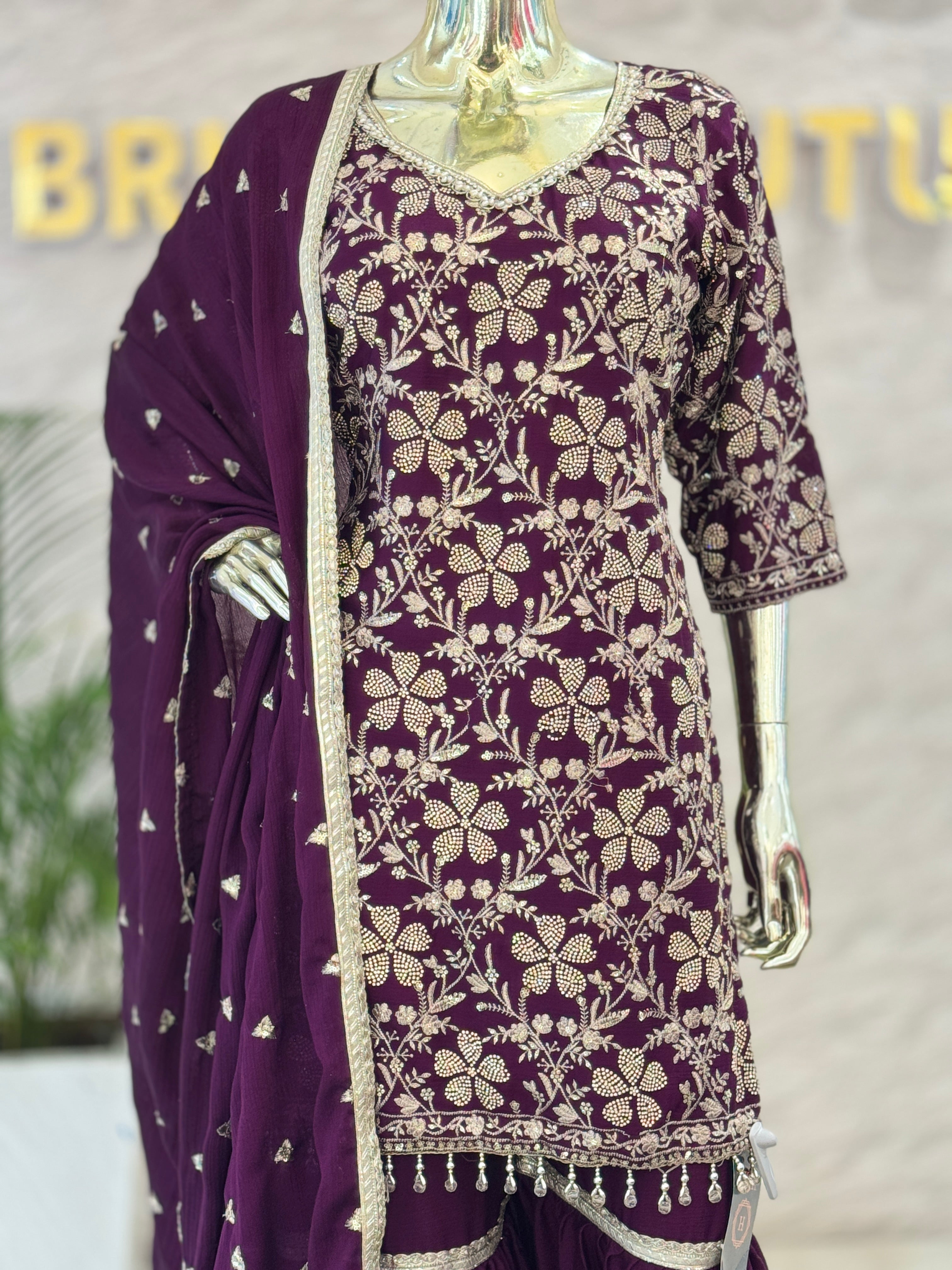 Q562249 Royal Wine Heavy Embroidered Kurta Sharara Set with Dupatta