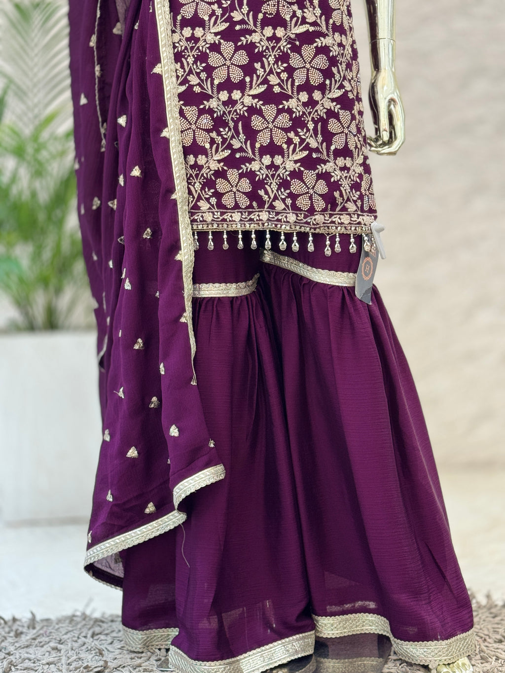 Q562249 Royal Wine Heavy Embroidered Kurta Sharara Set with Dupatta