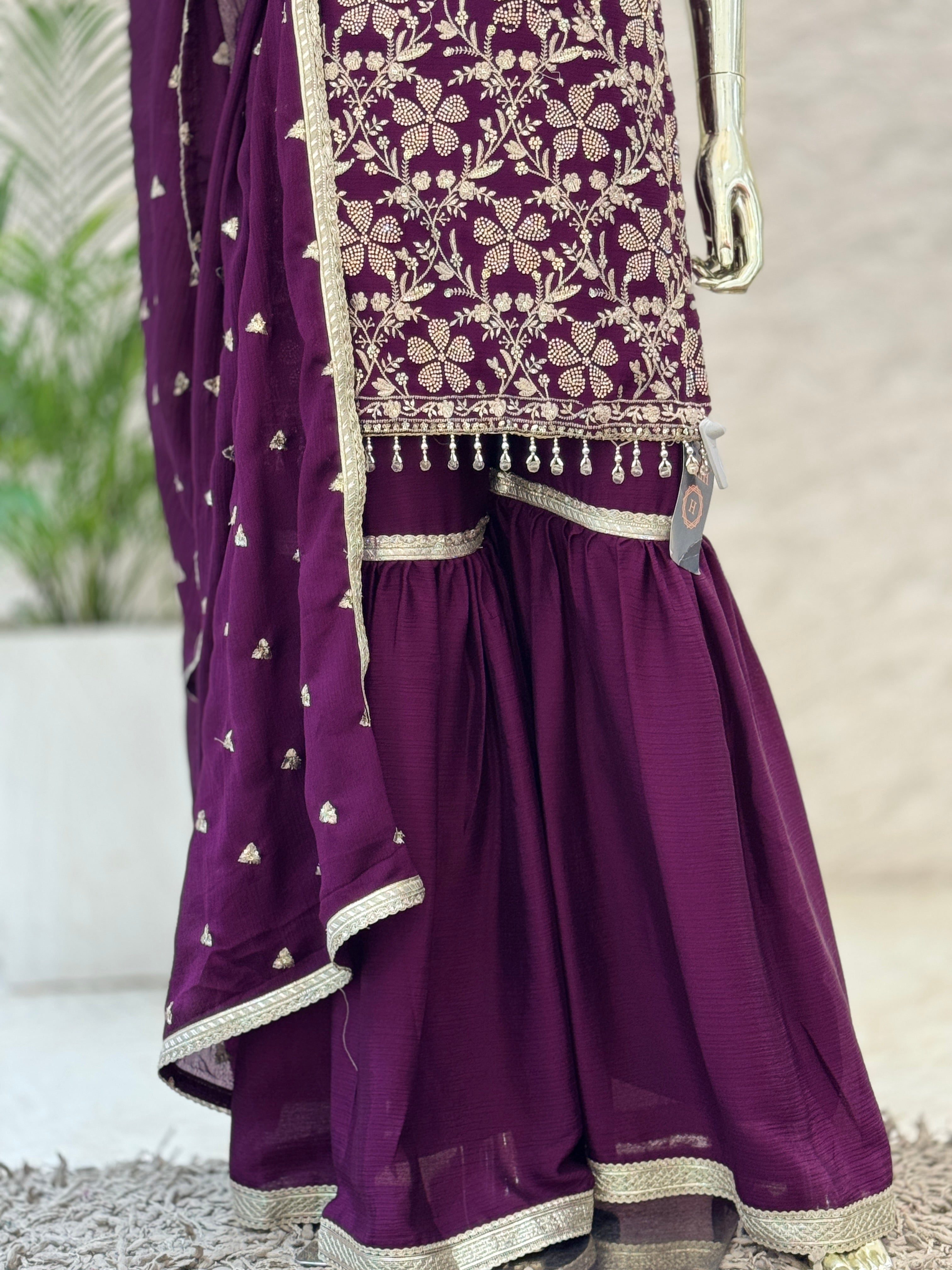 Q562249 Royal Wine Heavy Embroidered Kurta Sharara Set with Dupatta