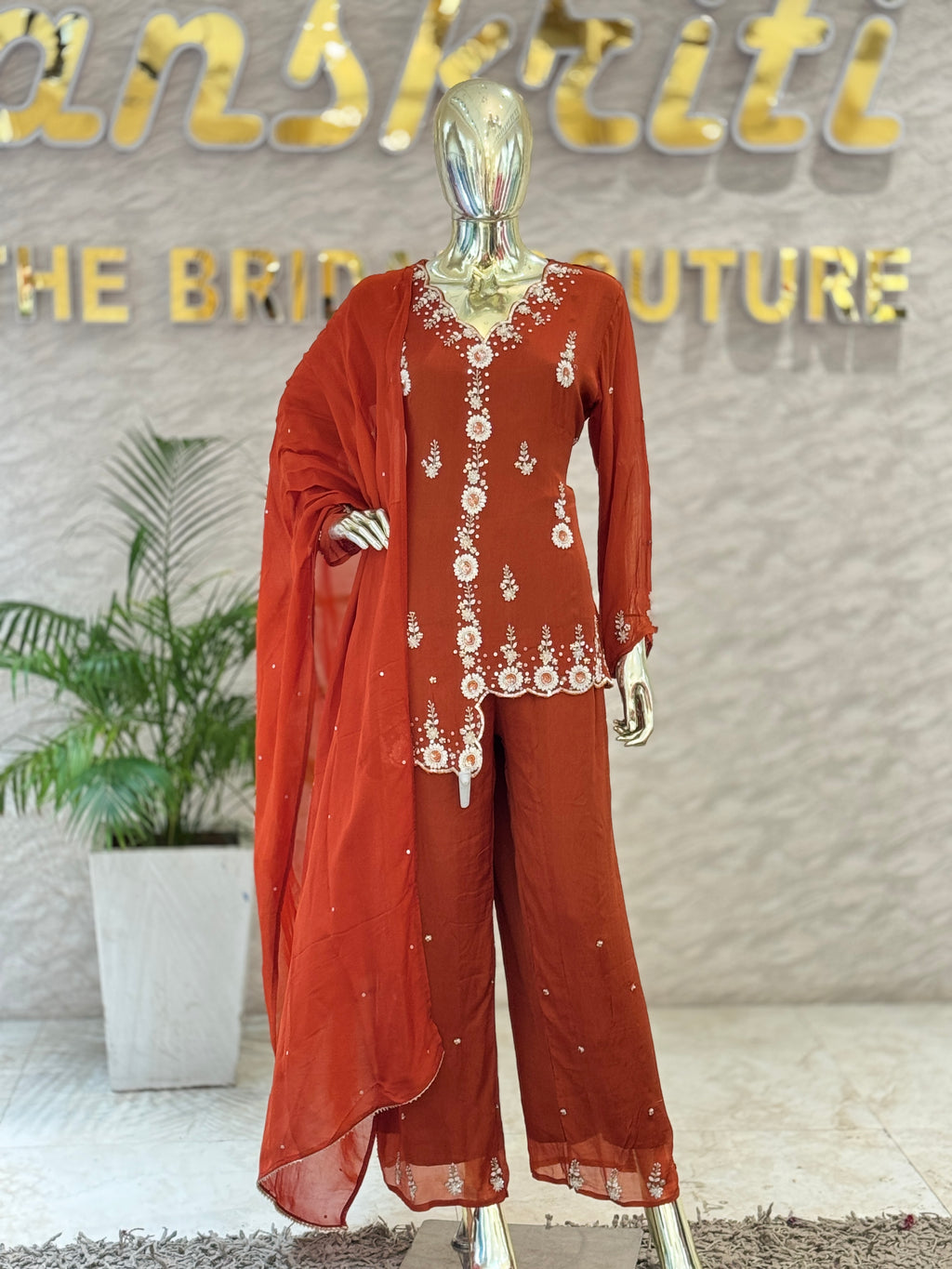 Q562679 Rust Orange Heavy Embroidered Kurta Palazzo Set with Dupatta