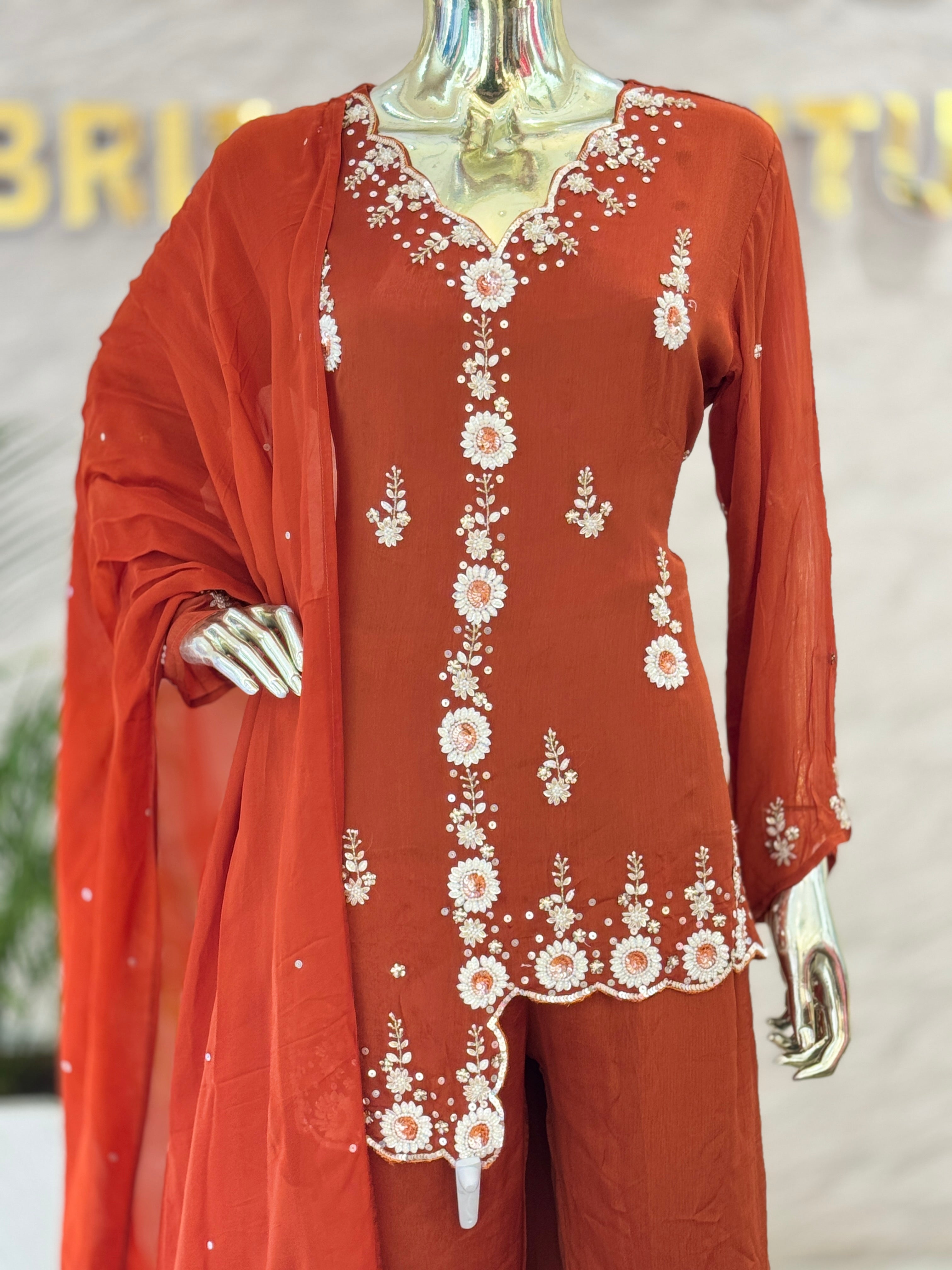 Q562679 Rust Orange Heavy Embroidered Kurta Palazzo Set with Dupatta