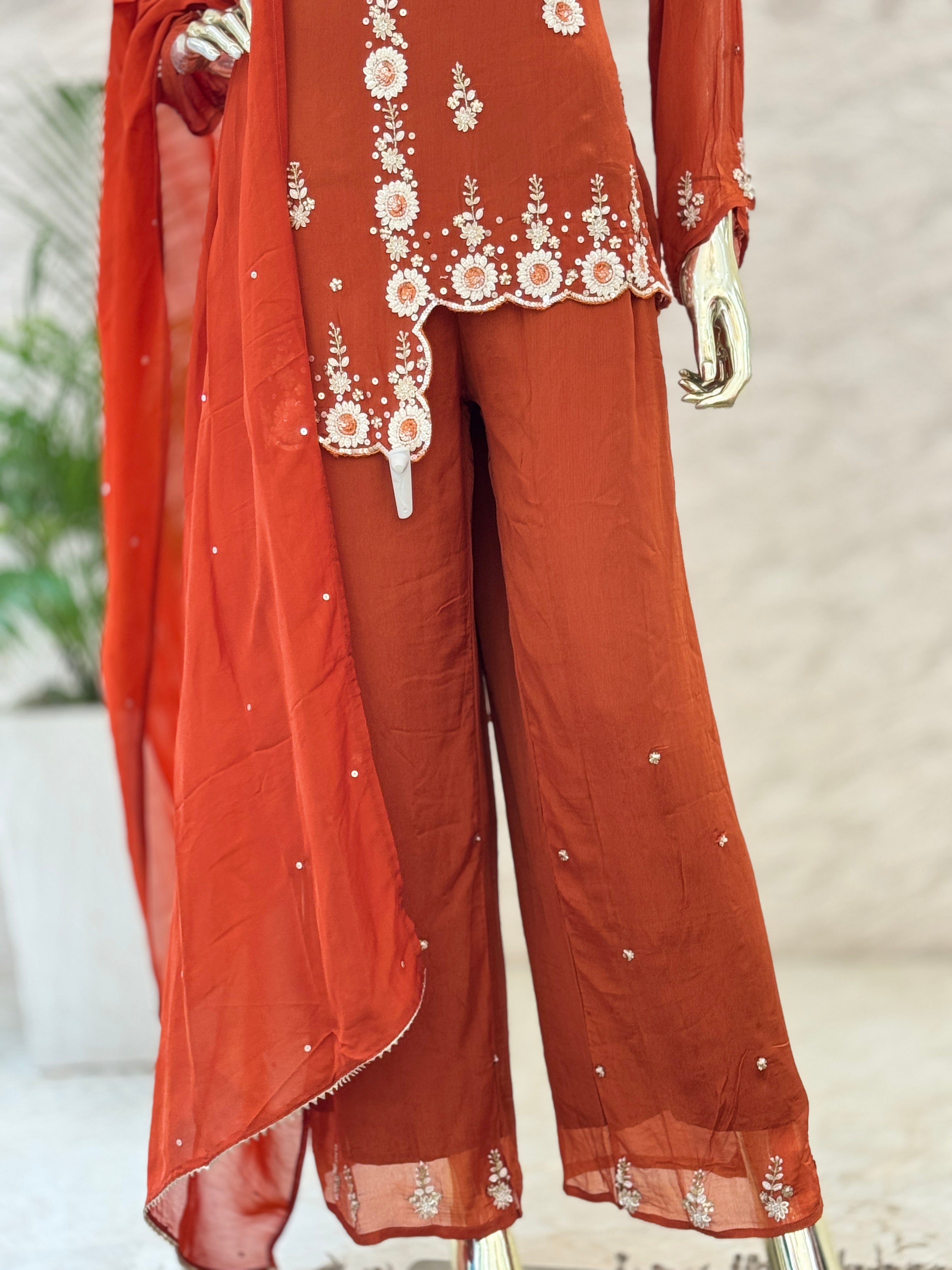 Q562679 Rust Orange Heavy Embroidered Kurta Palazzo Set with Dupatta