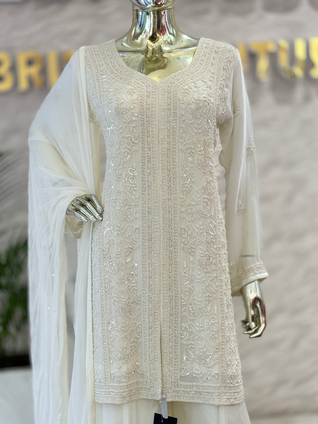 Q562440 Elegant White Heavy Embroidered Kurta Sharara Set with Dupatta