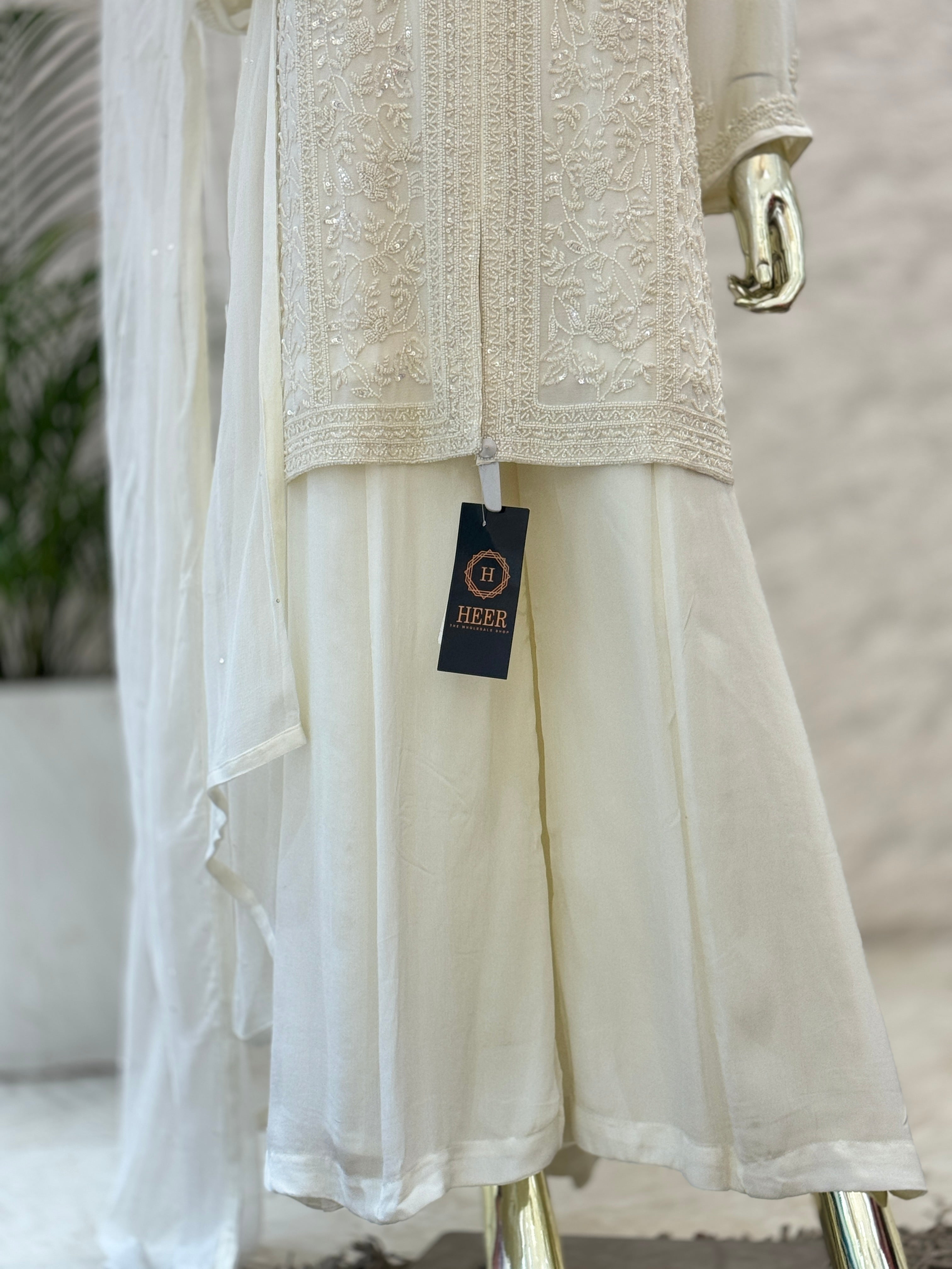 Q562440 Elegant White Heavy Embroidered Kurta Sharara Set with Dupatta