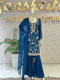 Q562442 Royal Blue Heavy Embroidered Chinon Suit Set with Sharara & Dupatta
