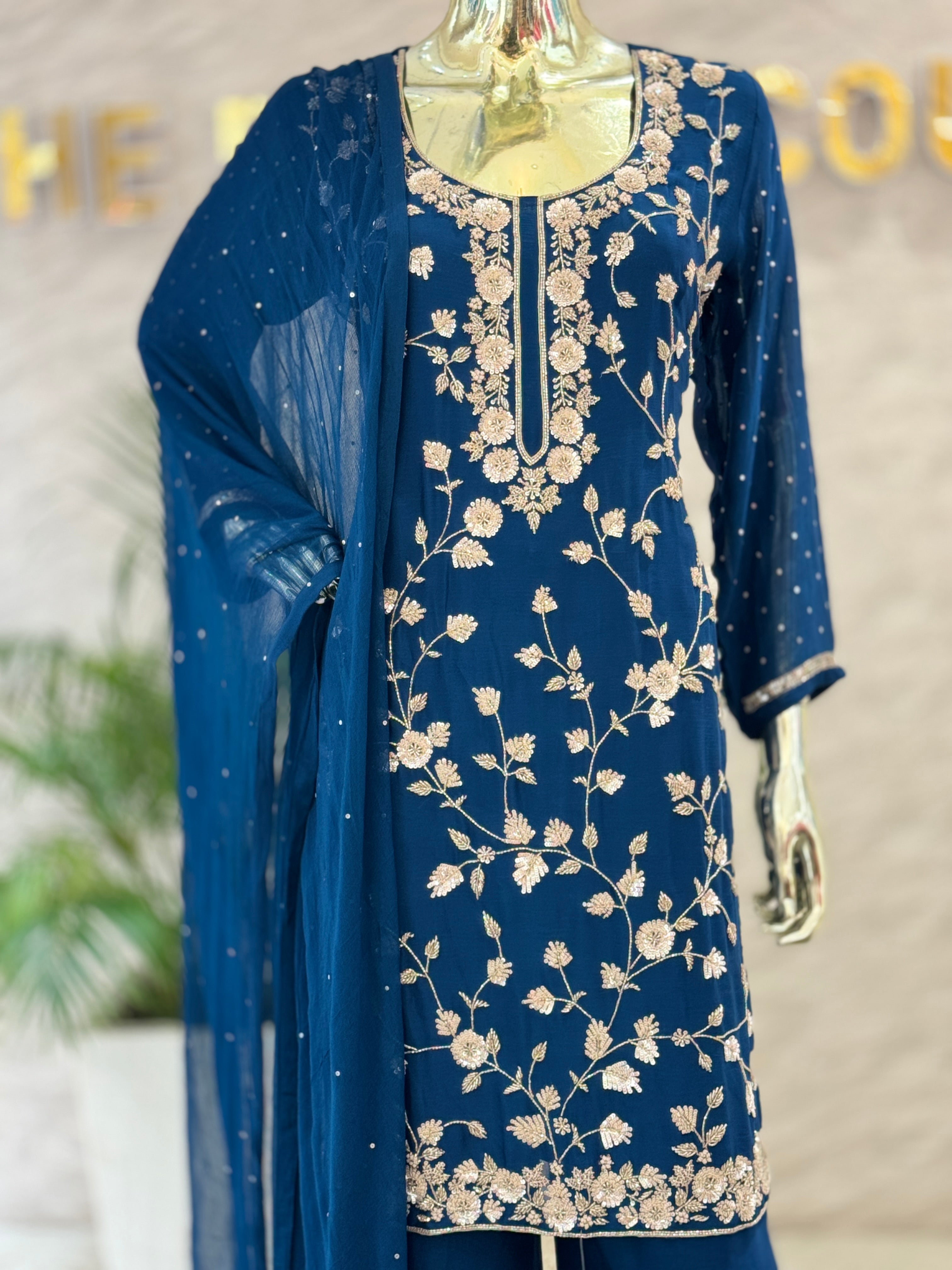 Q562442 Royal Blue Heavy Embroidered Chinon Suit Set with Sharara & Dupatta