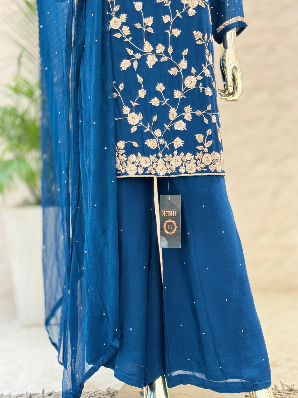 Q562442 Royal Blue Heavy Embroidered Chinon Suit Set with Sharara & Dupatta