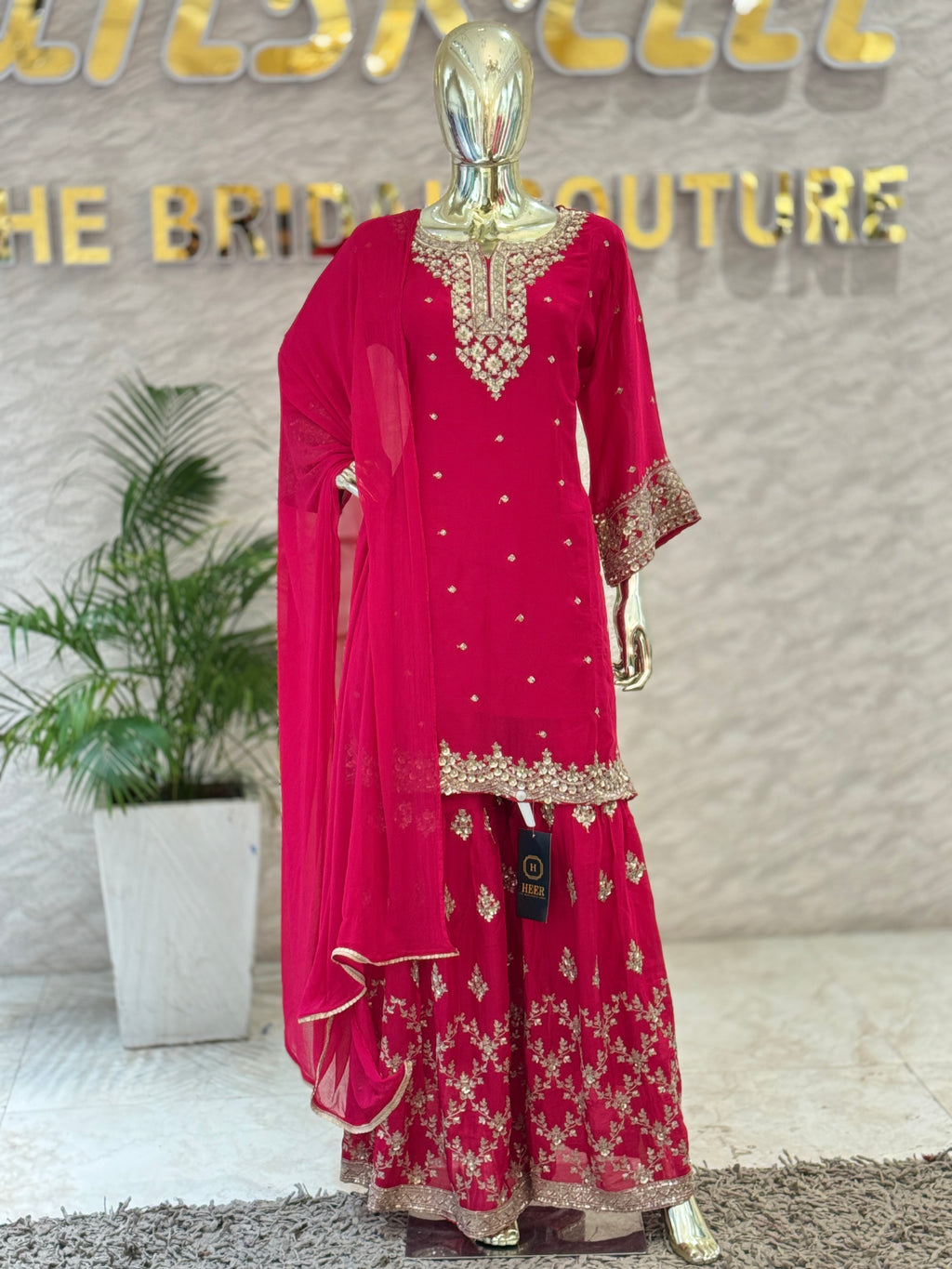 Q562678 Elegant Rani Pink Embroidered Chinon Kurta Sharara Set with Dupatta