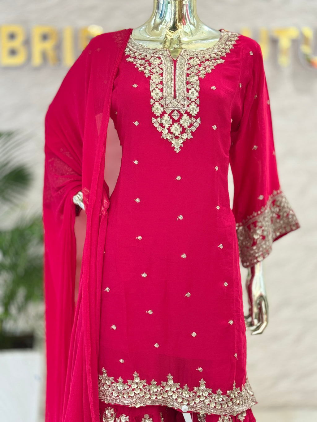 Q562678 Elegant Rani Pink Embroidered Chinon Kurta Sharara Set with Dupatta
