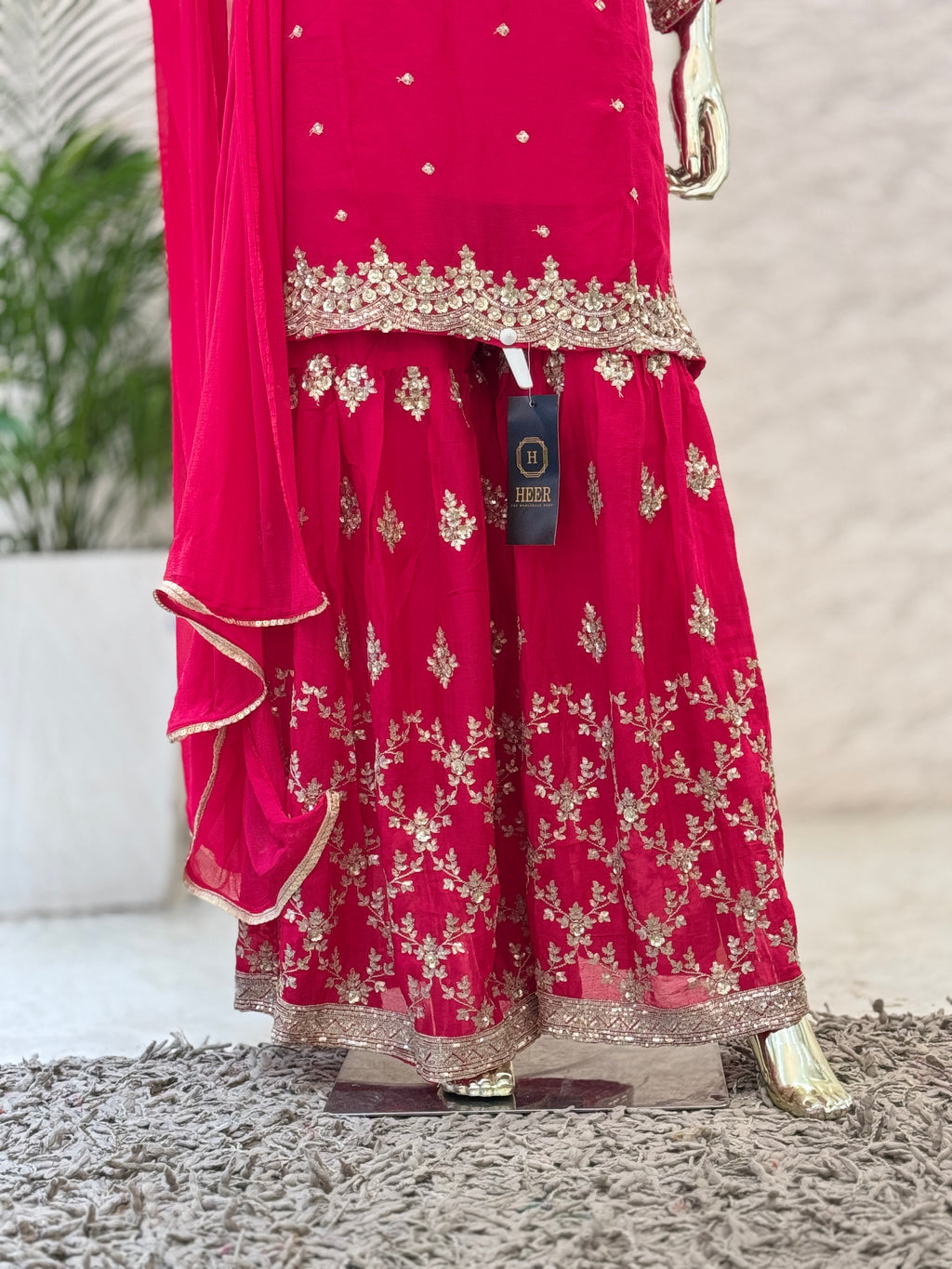 Q562678 Elegant Rani Pink Embroidered Chinon Kurta Sharara Set with Dupatta