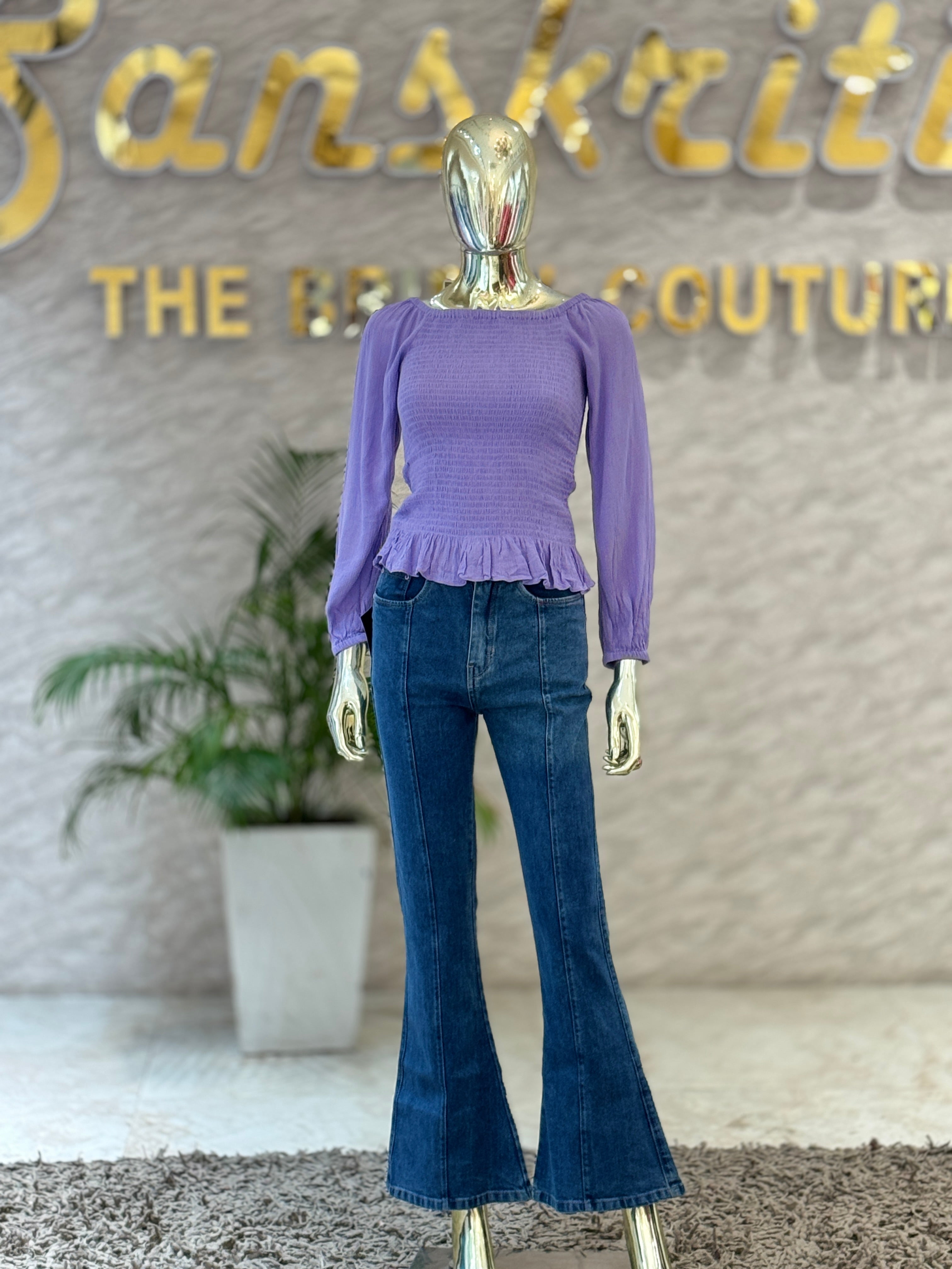 Q562754 Elegant lavender smocked peplum top with full sleeves and a flattering square neckline.