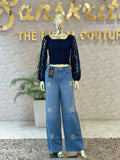 Q562753 Elegant navy blue lace sleeve top with a stylish square neckline and back tie-up.