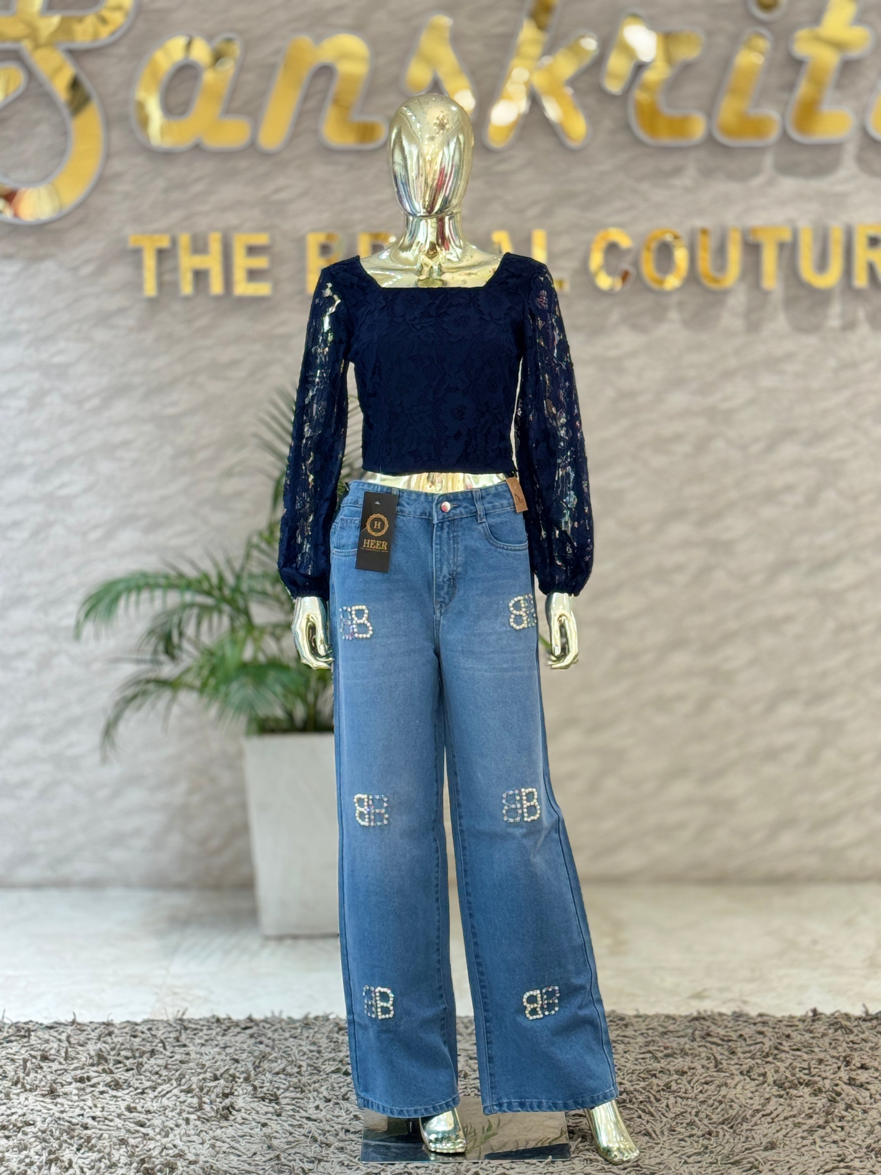 Q562753 Elegant navy blue lace sleeve top with a stylish square neckline and back tie-up.