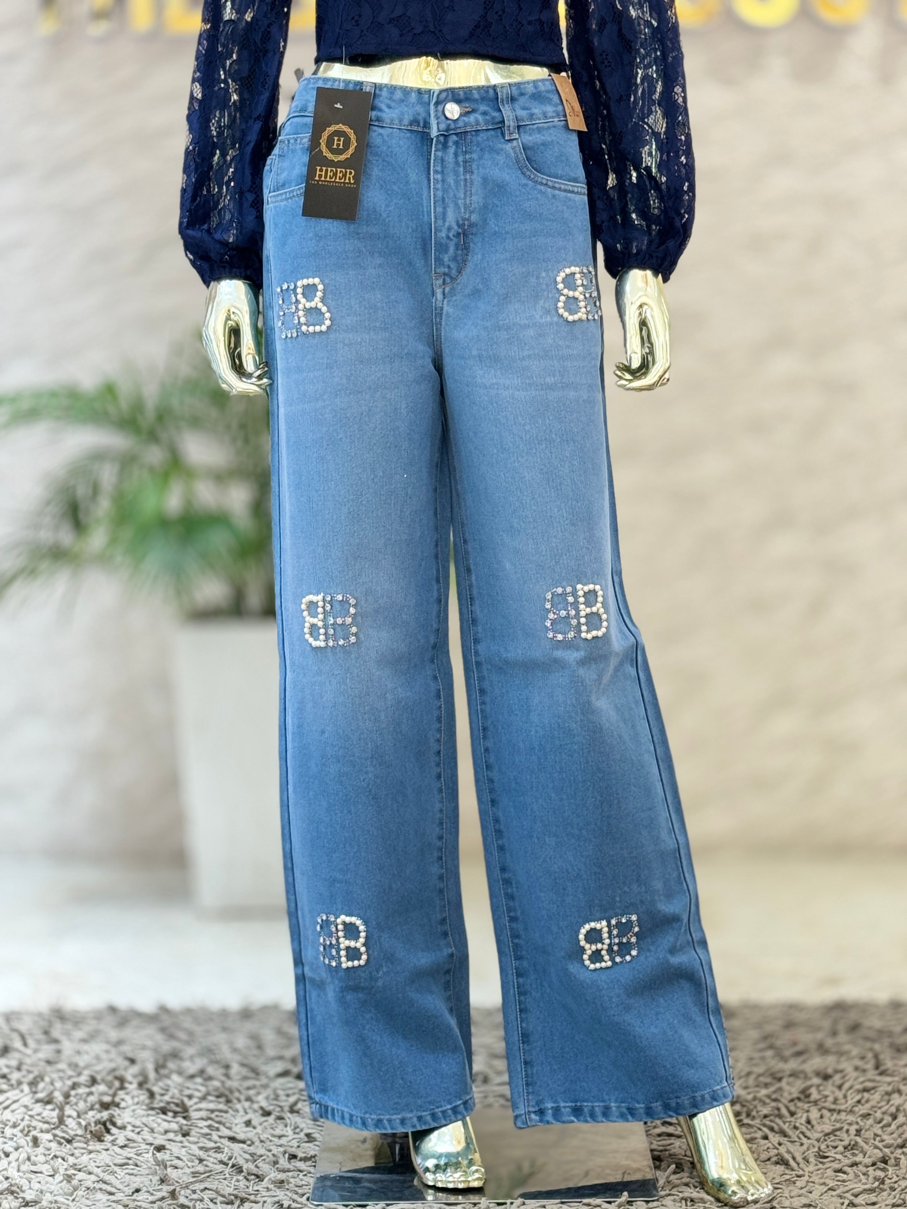 Q562605 Blue Wide Leg rhinestones  Denim Jeans