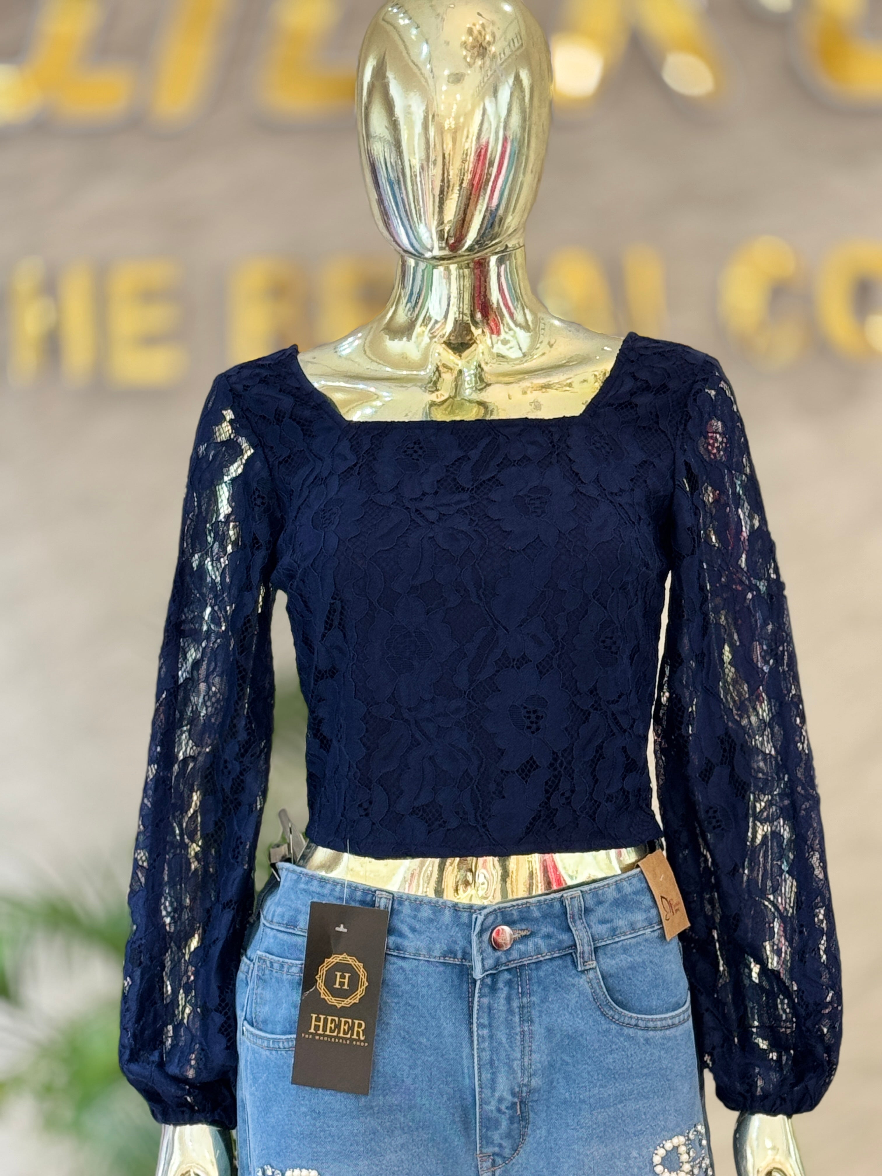 Q562753 Elegant navy blue lace sleeve top with a stylish square neckline and back tie-up.