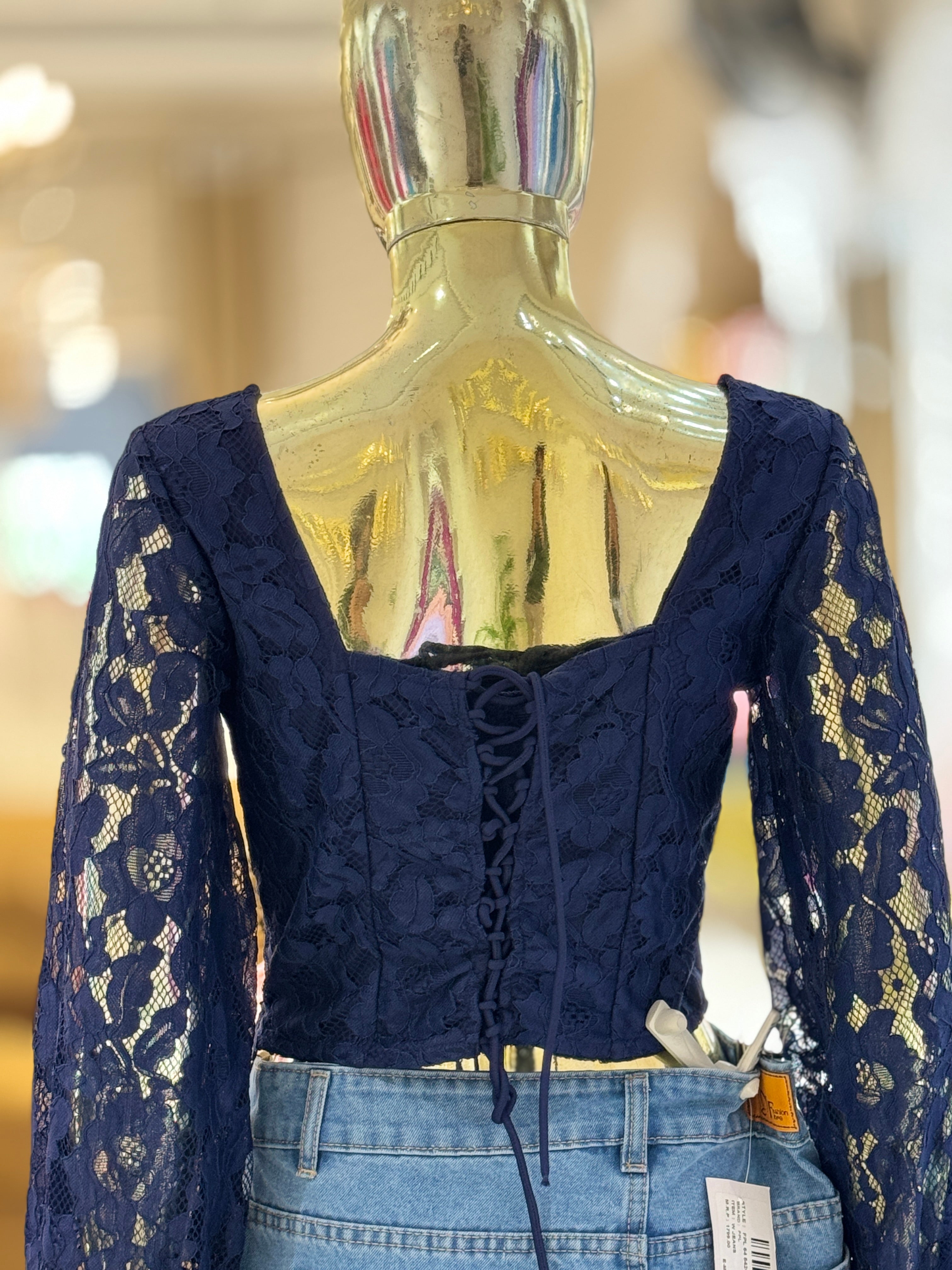 Q562753 Elegant navy blue lace sleeve top with a stylish square neckline and back tie-up.
