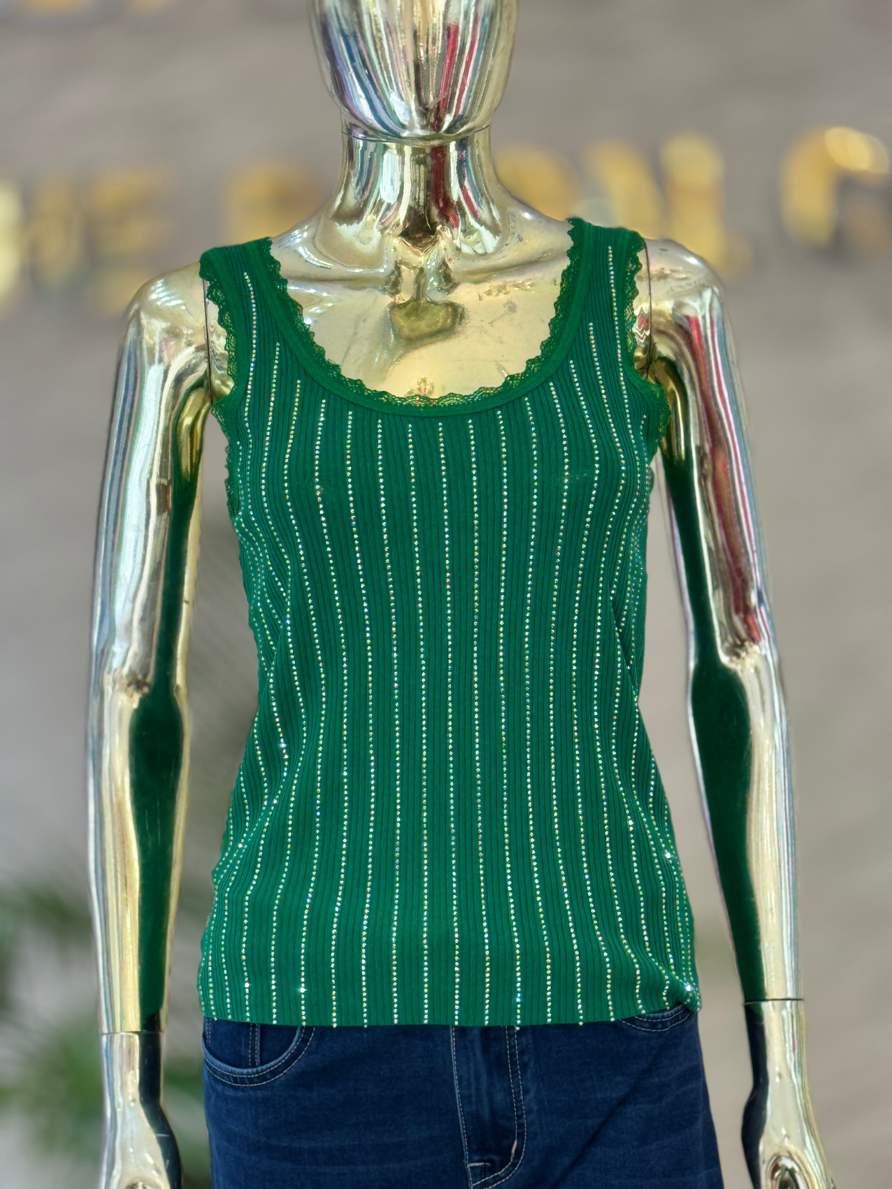 Q562324 Elegant Green ribbed sleeveless top with lace detailing and shimmer stripe.