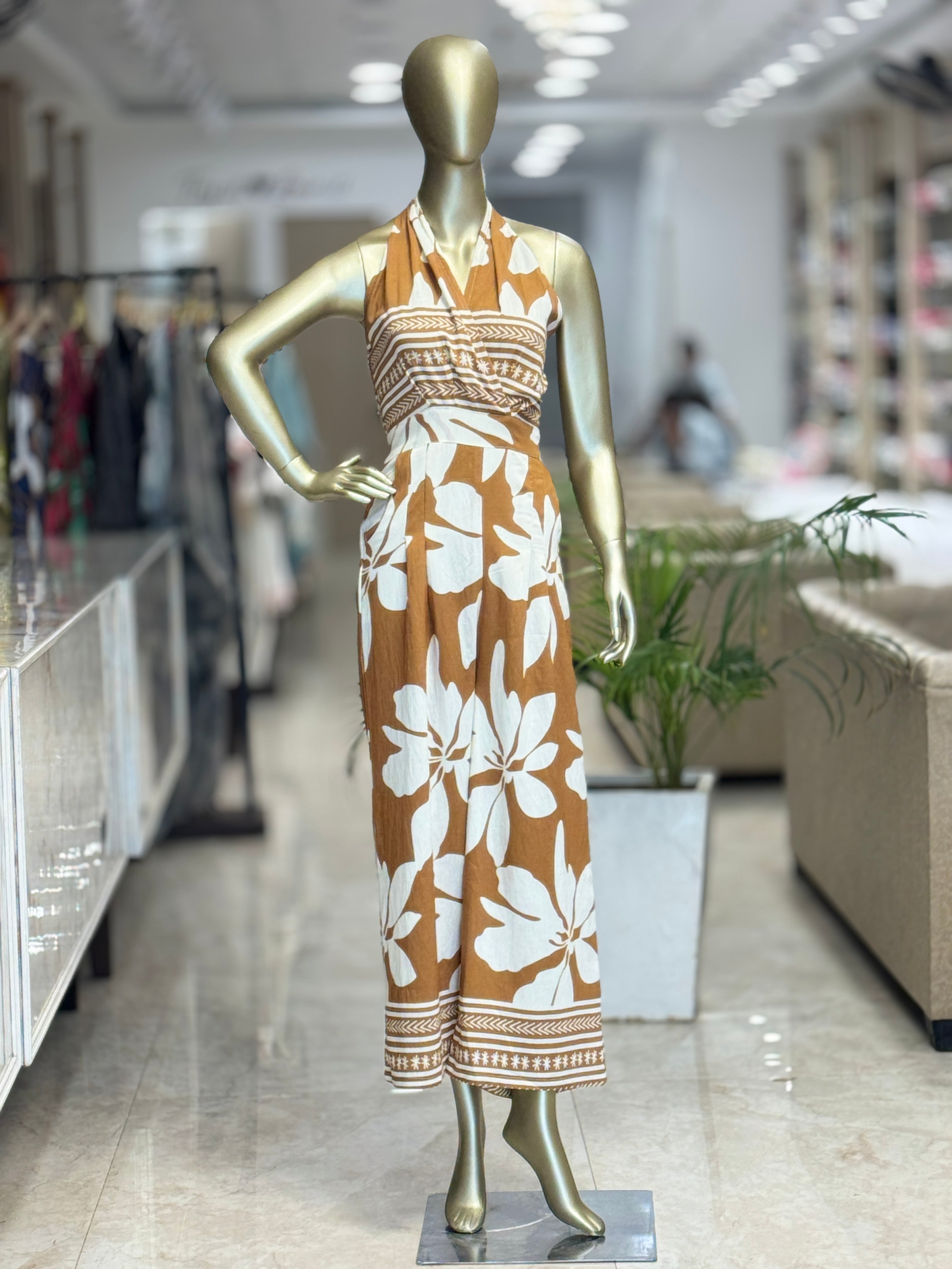 Q562553 Rust brown tropical floral printed sleeveless dress