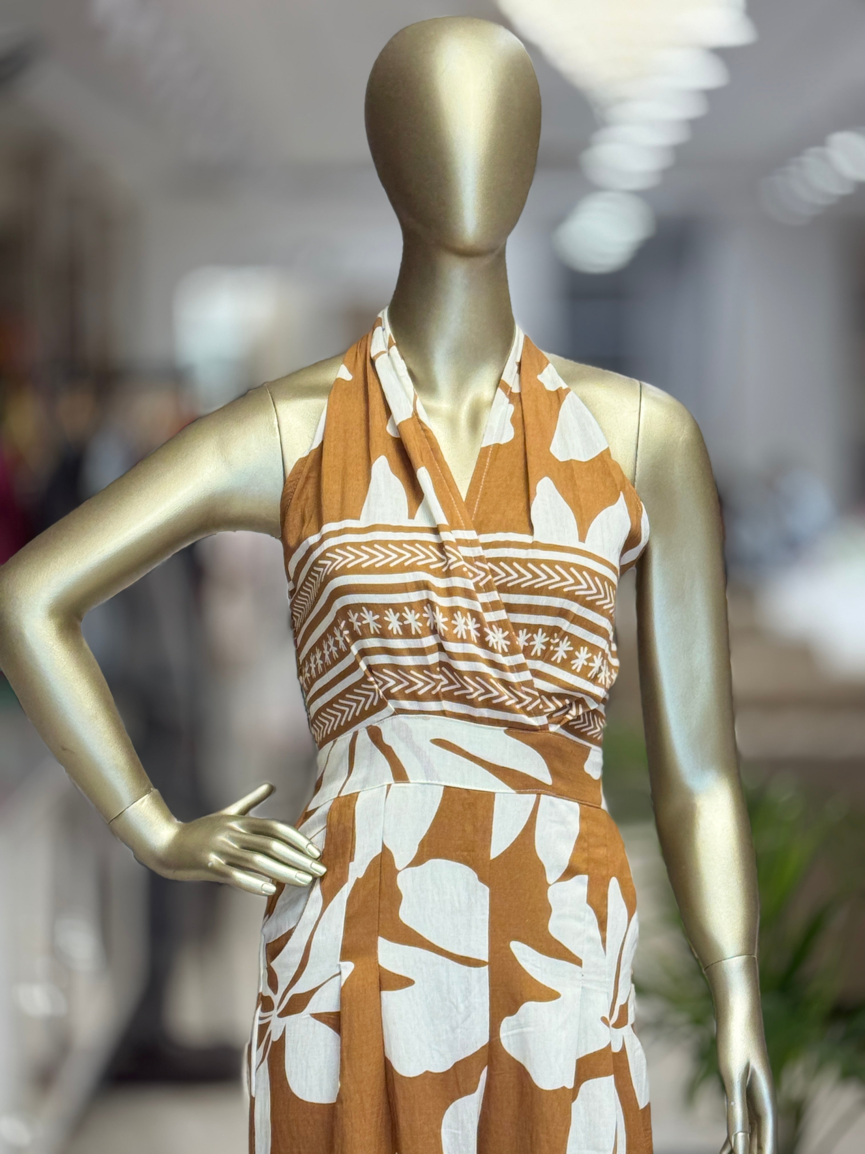 Q562553 Rust brown tropical floral printed sleeveless dress