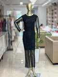 Q562316 Elegant black shimmer bodycon dress with sheer full sleeves