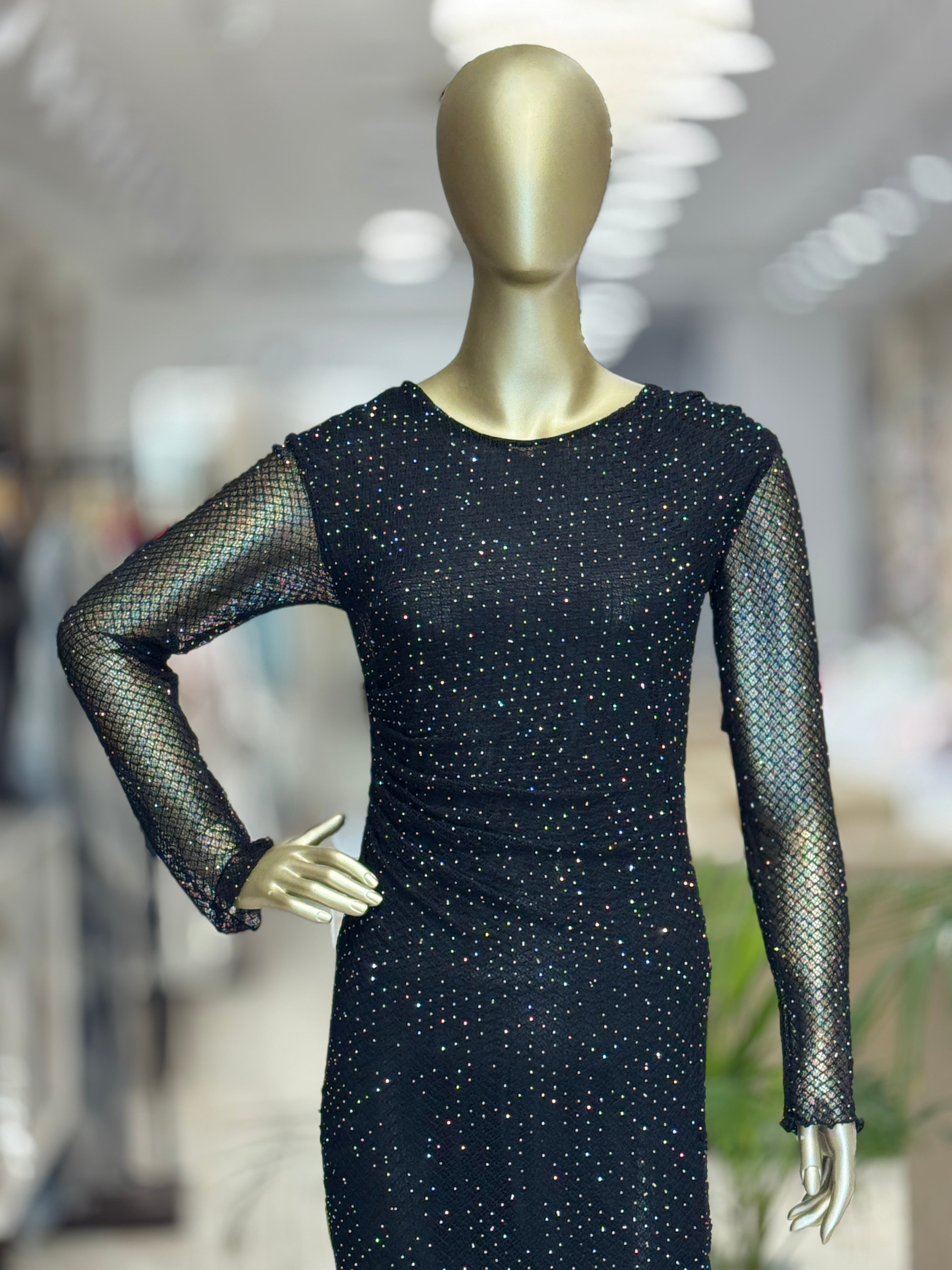 Q562316 Elegant black shimmer bodycon dress with sheer full sleeves