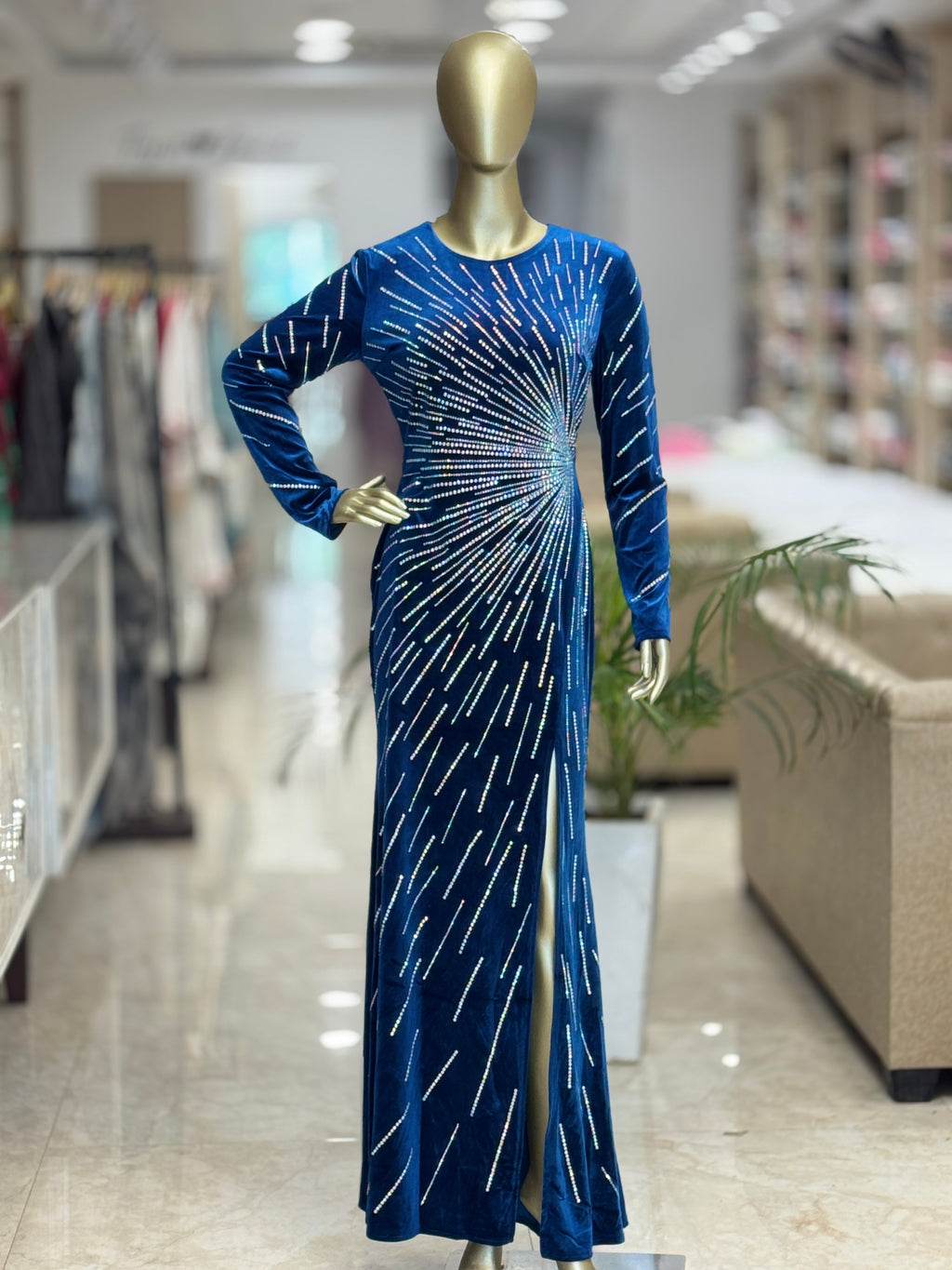 Q562152 Elegant royal blue sequin gown with dazzling starburst detailing and a sleek front slit