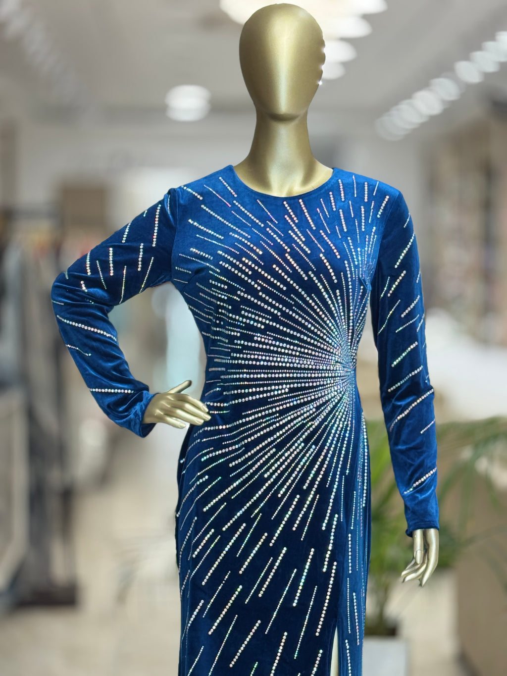 Q562152 Elegant royal blue sequin gown with dazzling starburst detailing and a sleek front slit