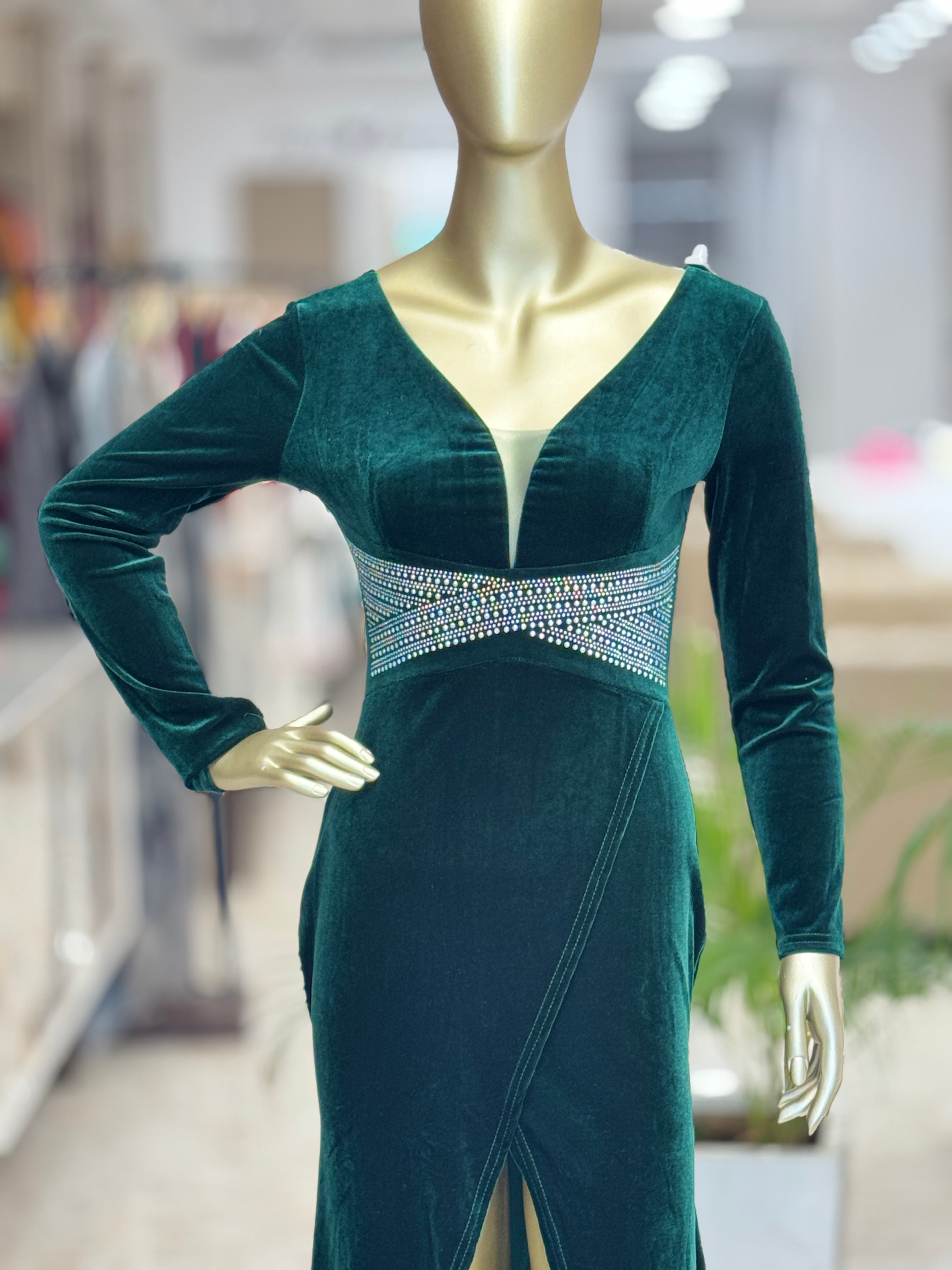 Q56716 Emerald Green Deep Neck Bodycon Midi Dress with Embellished Waist
