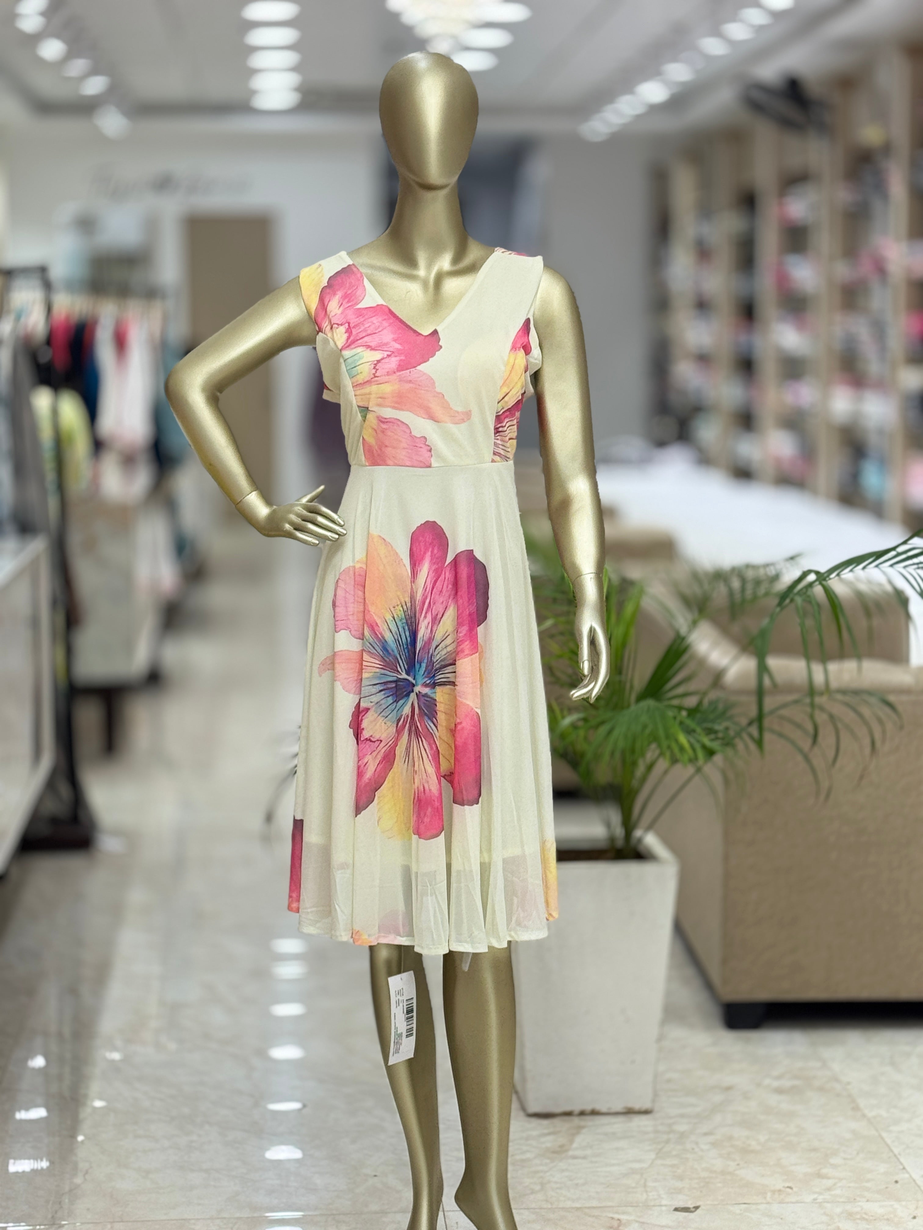Q562565 White & Pink Floral Sleeveless Midi Dress