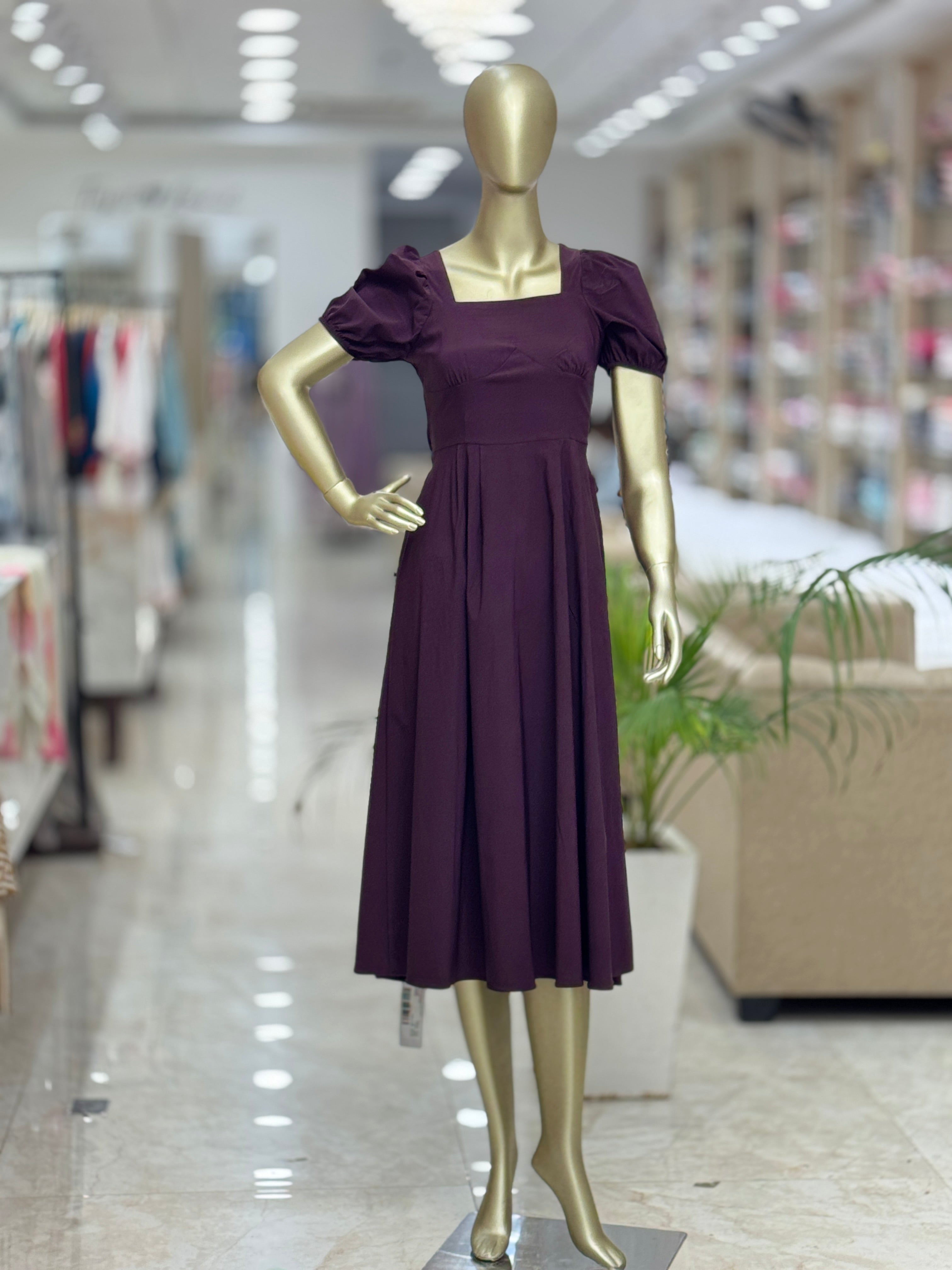 Q562305 Elegant Purple Puff Sleeve Midi Dress