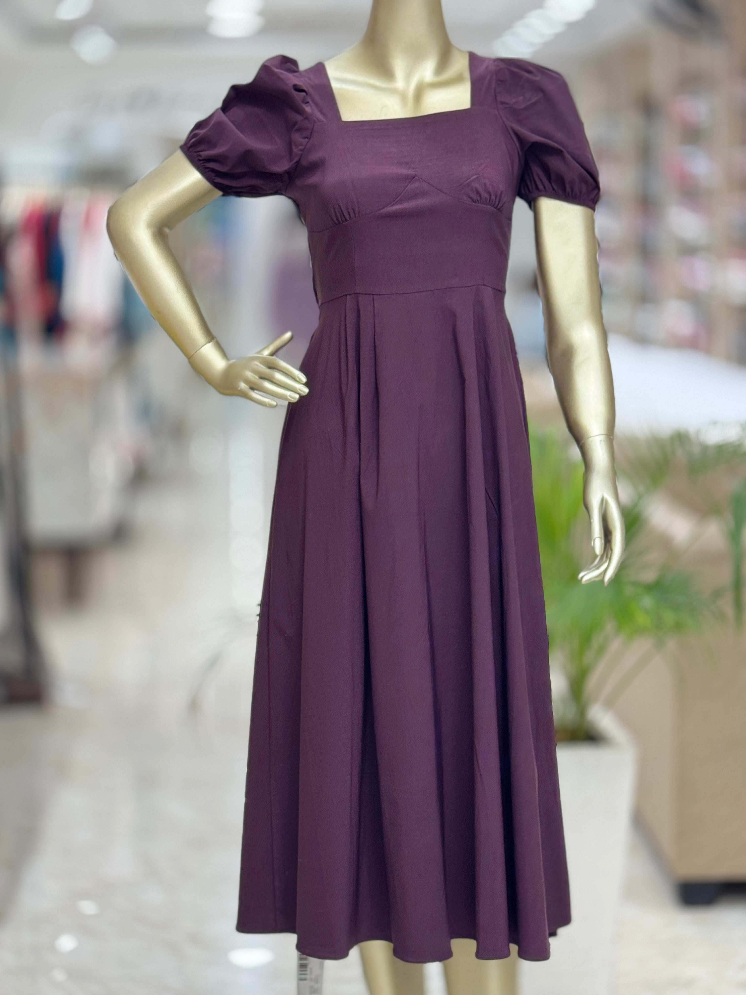 Q562305 Elegant Purple Puff Sleeve Midi Dress