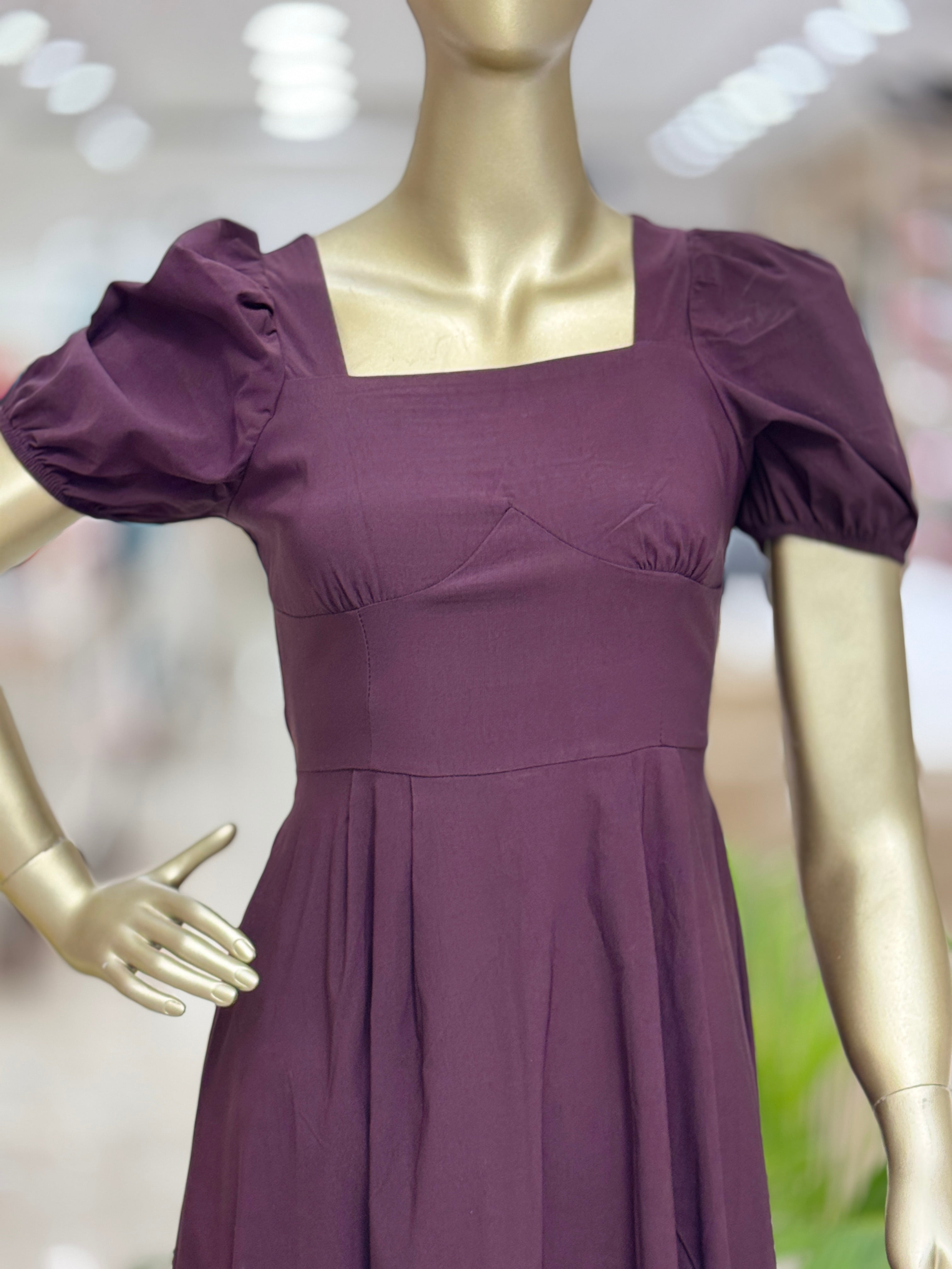 Q562305 Elegant Purple Puff Sleeve Midi Dress