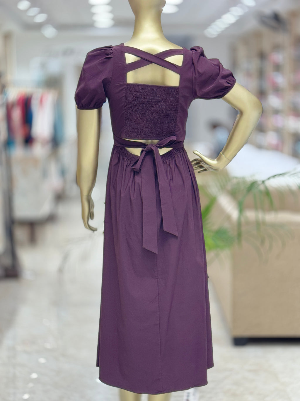 Q562305 Elegant Purple Puff Sleeve Midi Dress