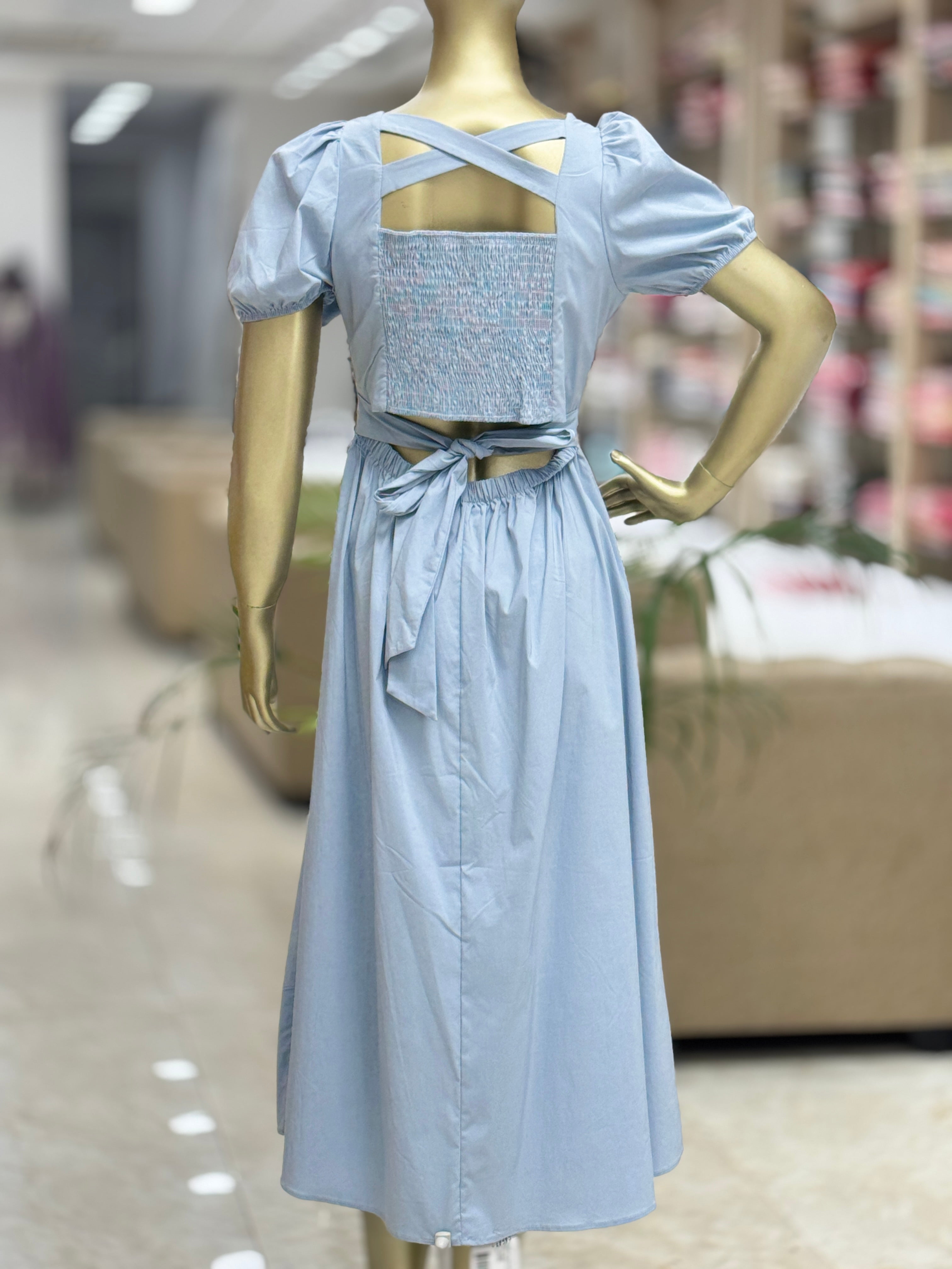 Q562305 Sky Blue Puff Sleeve Midi Dress for Women