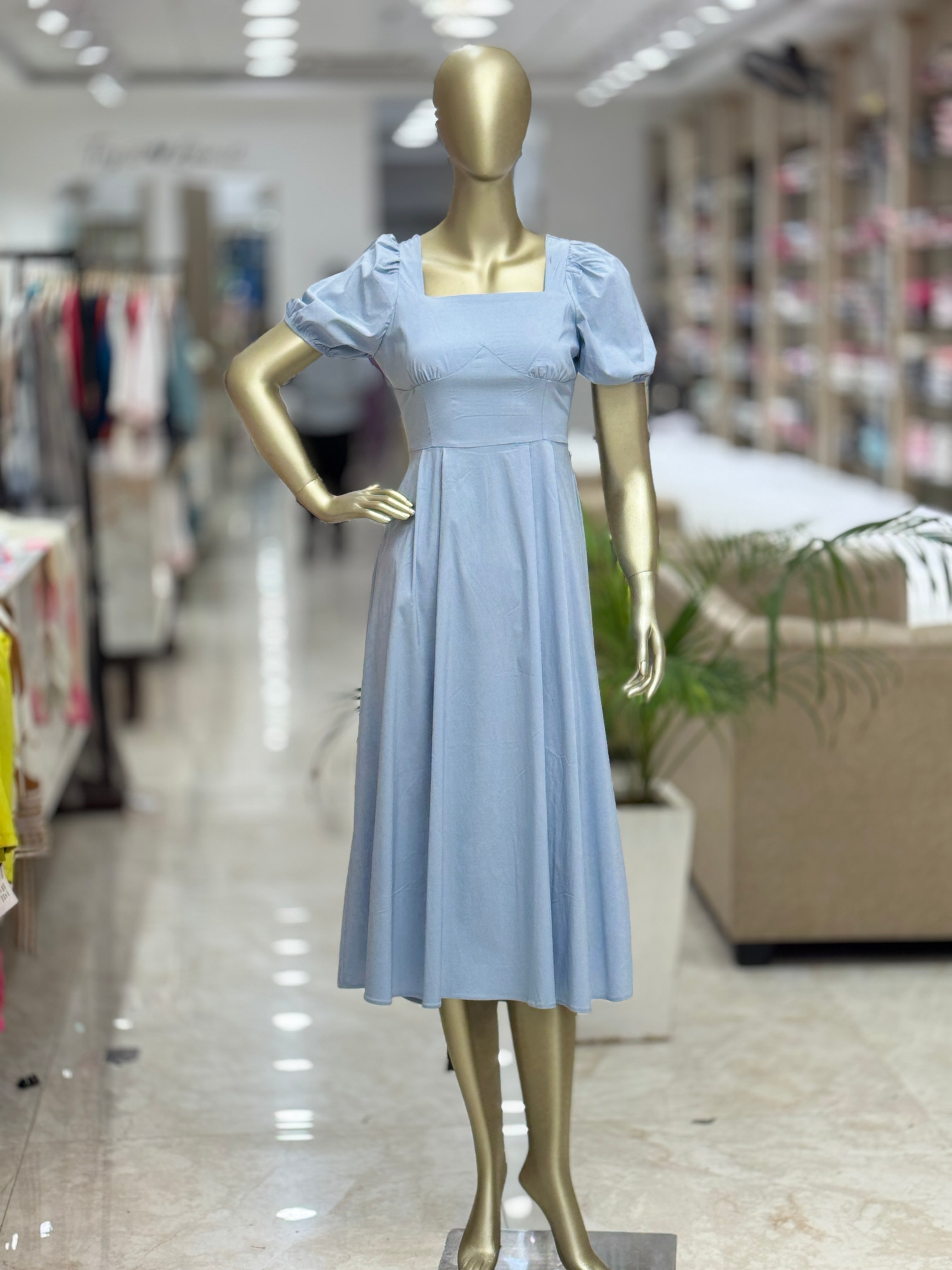 Q562305 Sky Blue Puff Sleeve Midi Dress for Women