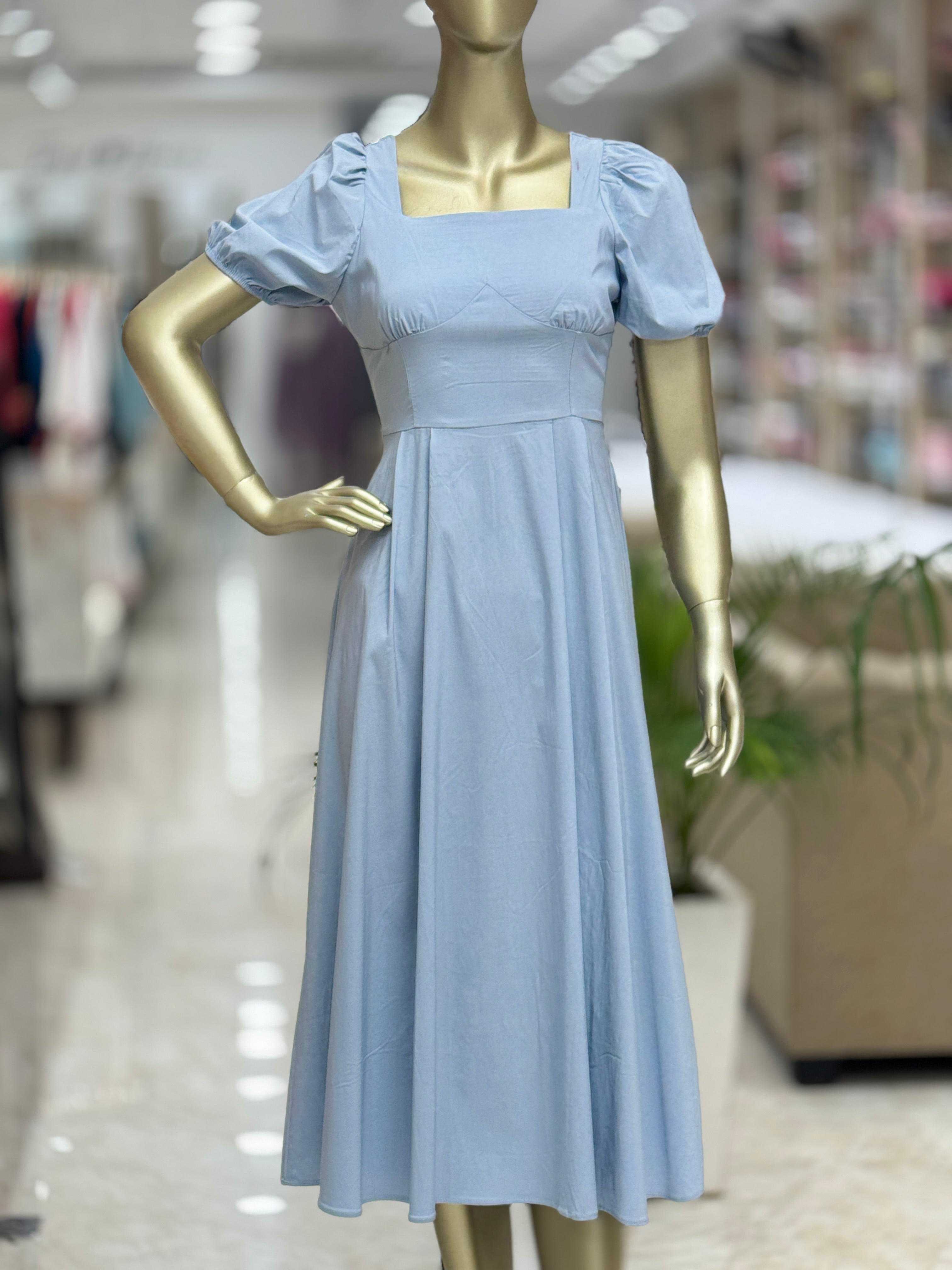 Q562305 Sky Blue Puff Sleeve Midi Dress for Women