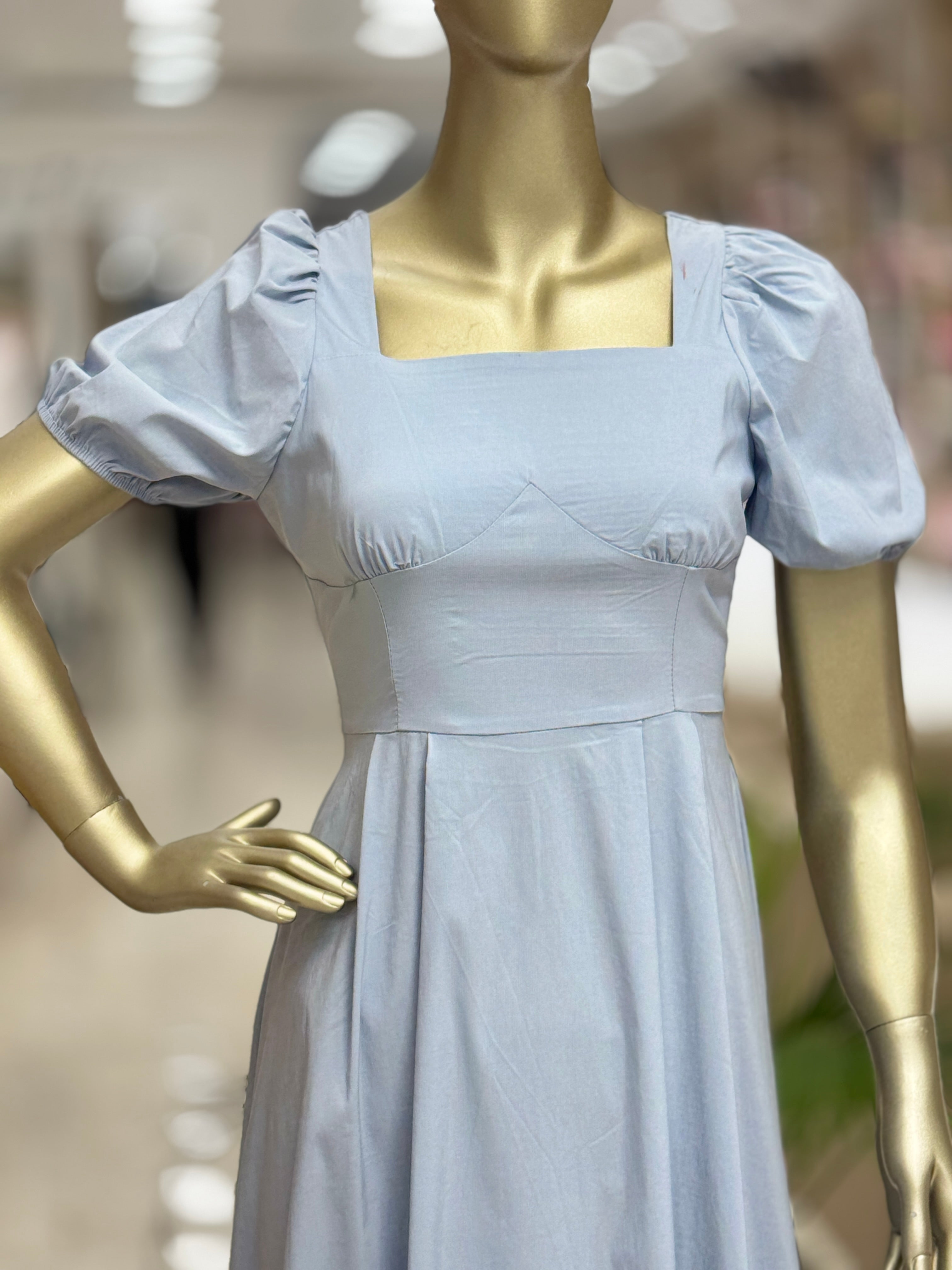 Q562305 Sky Blue Puff Sleeve Midi Dress for Women
