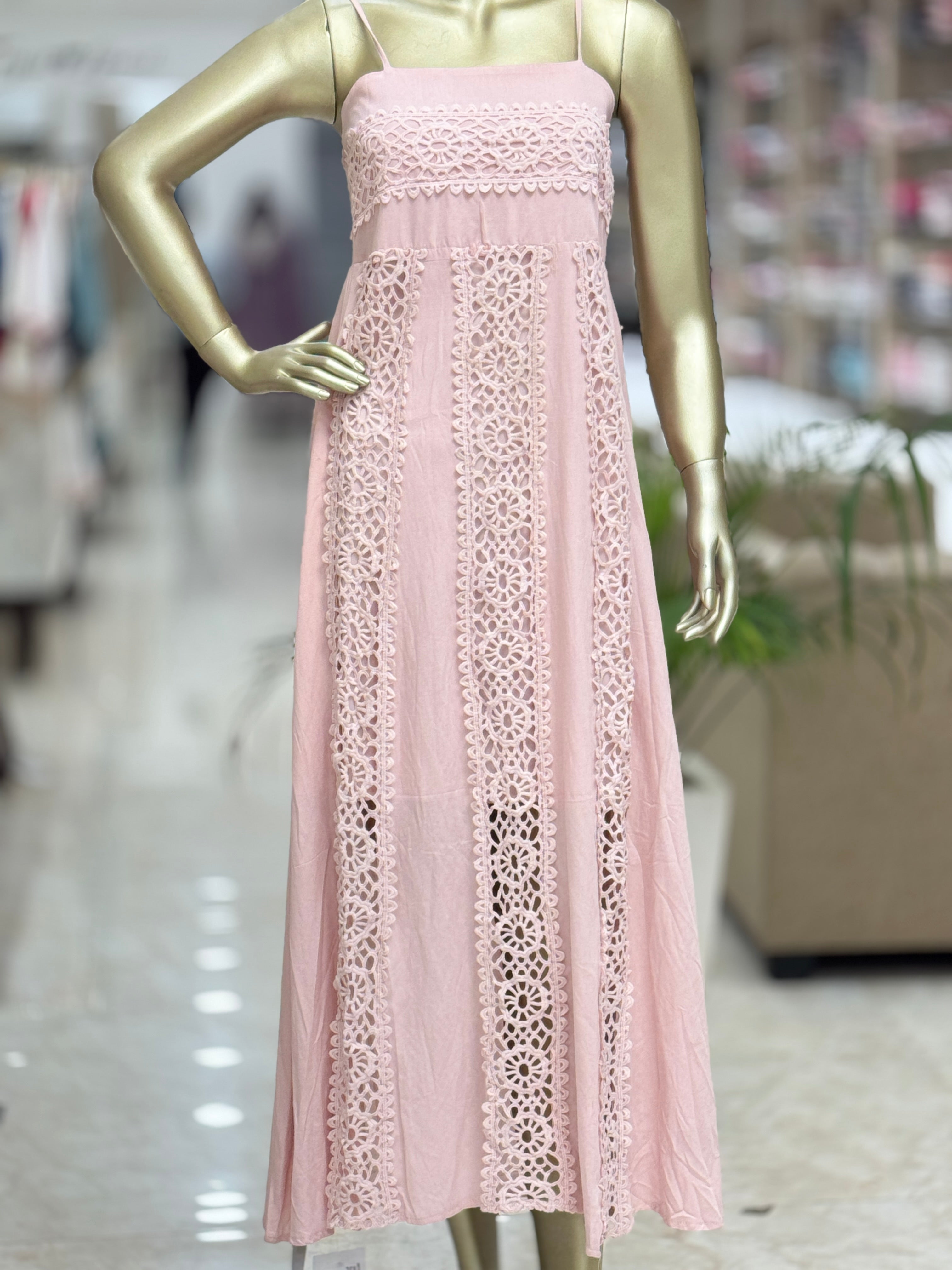 Q562563 Blush Pink Cotton Lace Detail Midi Dress for Women