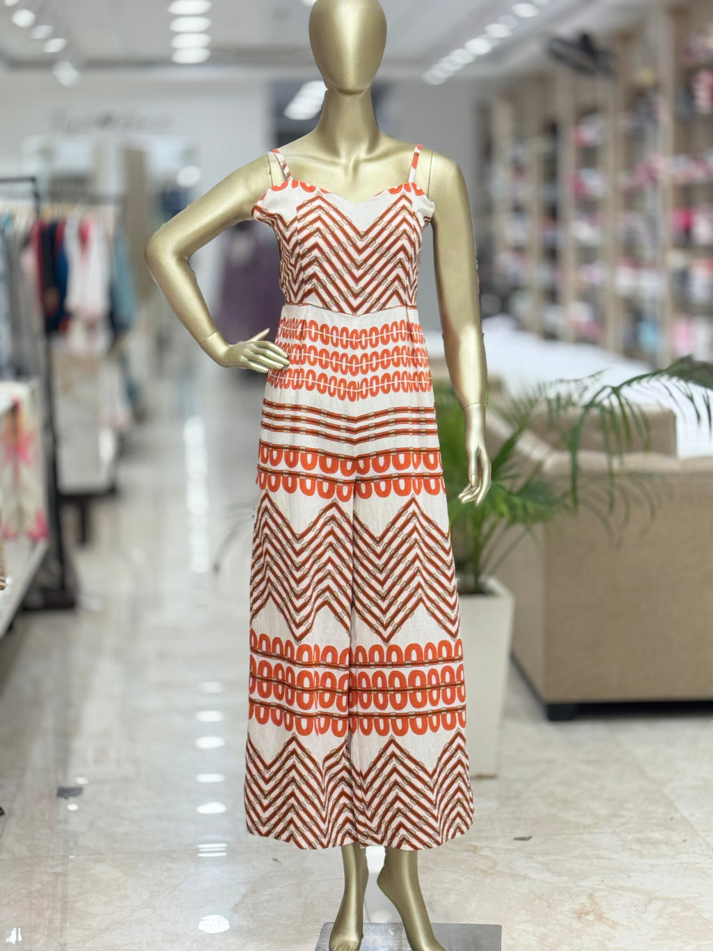 Q562559 Stylish White & Rust Printed Cotton Jumpsuit