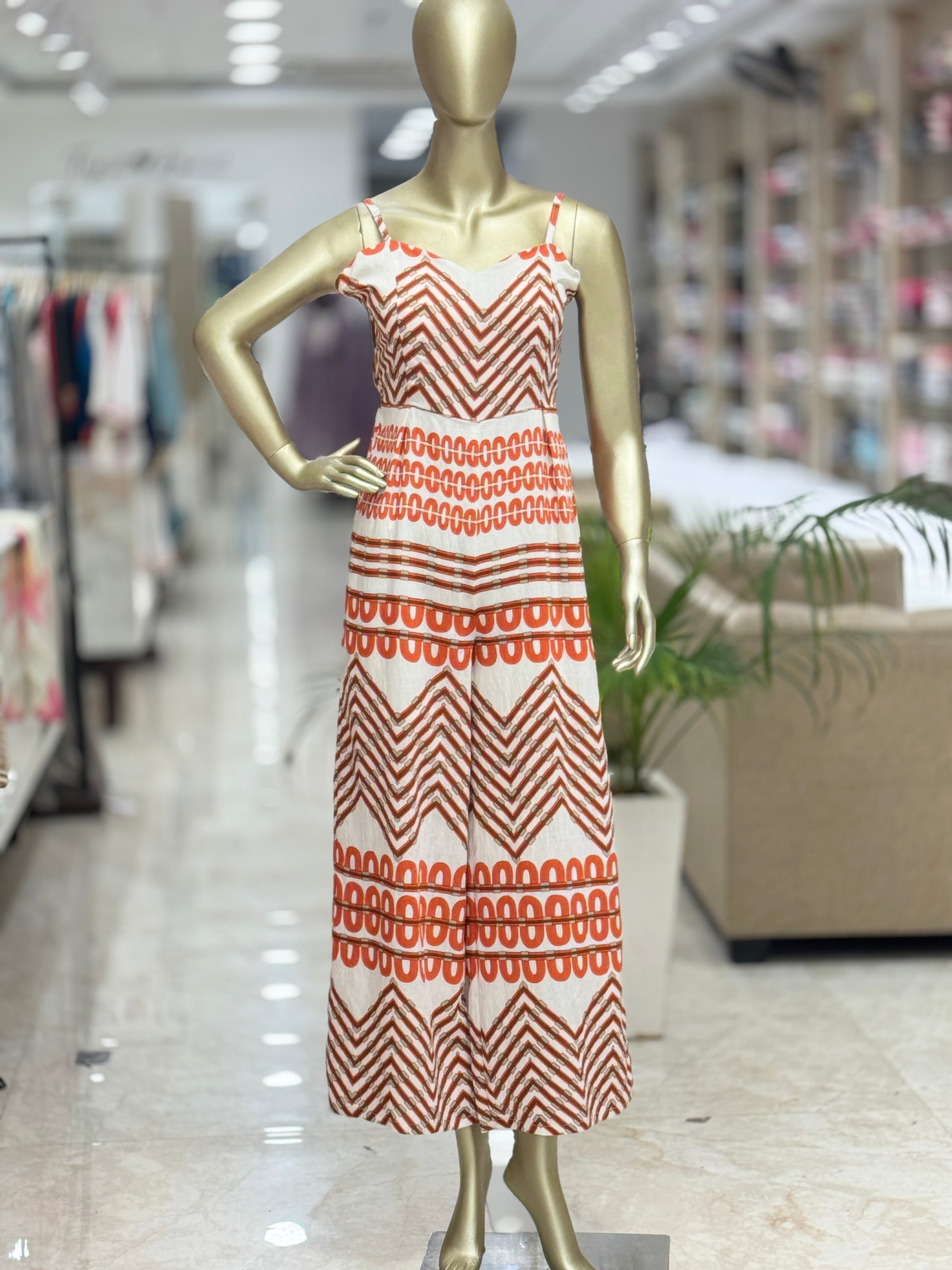 Q562559 Stylish White & Rust Printed Cotton Jumpsuit