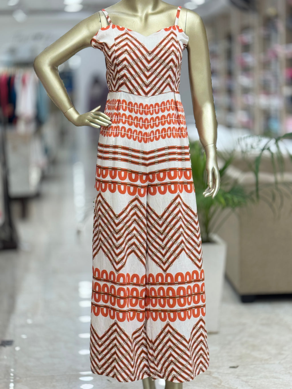 Q562559 Stylish White & Rust Printed Cotton Jumpsuit