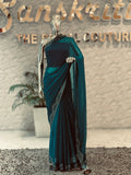 Majestic Peacock Teal Crinkle Silk Saree with Hand-Studded Border q562437