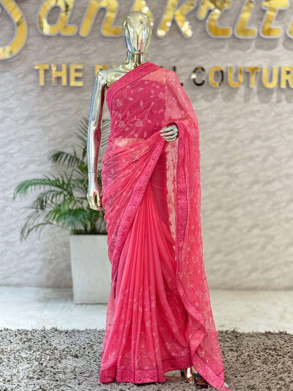 Graceful Peach-Pink Organza Silk Saree with Intricate Thread Work Border 110962