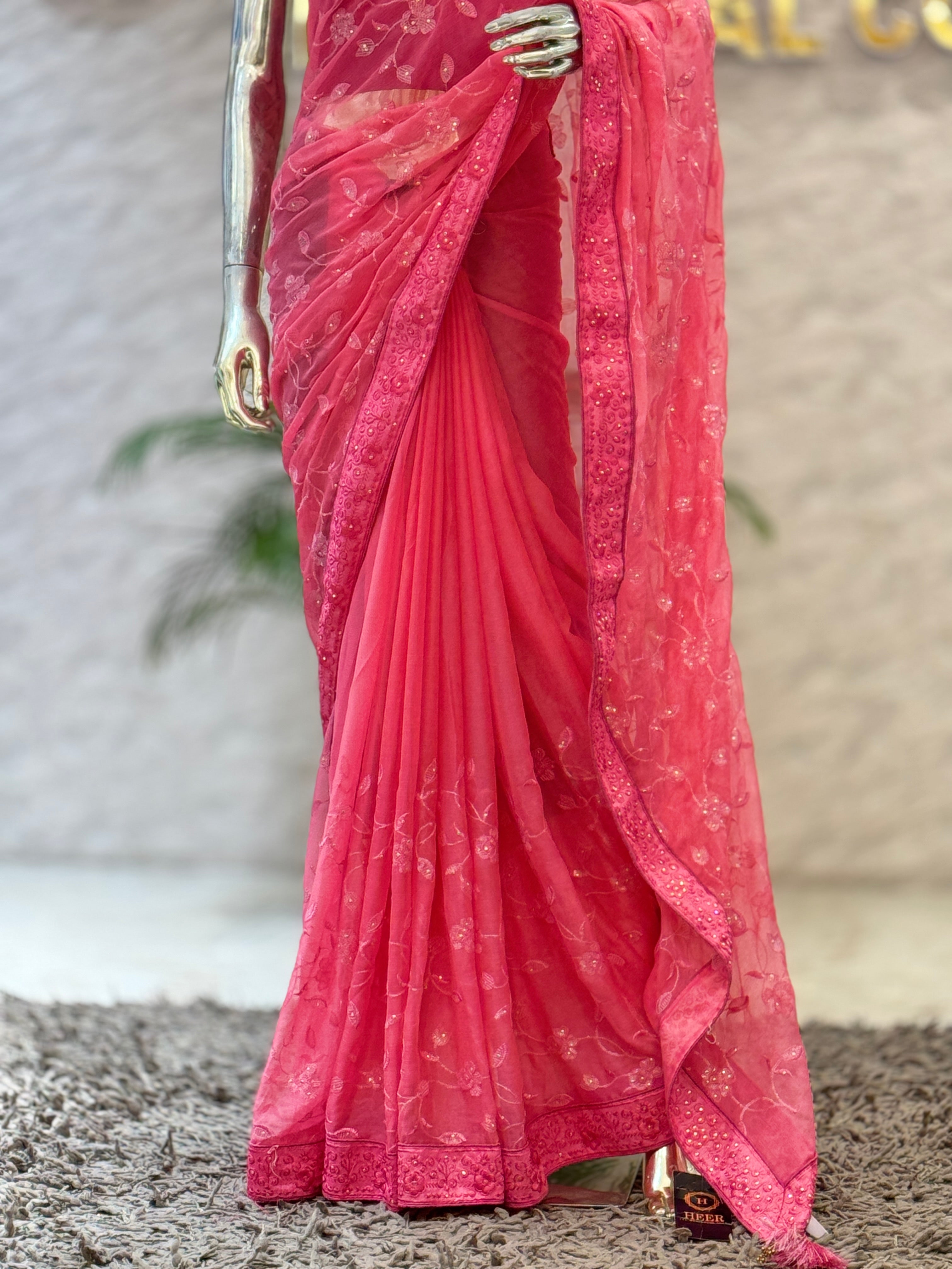 Graceful Peach-Pink Organza Silk Saree with Intricate Thread Work Border 110962